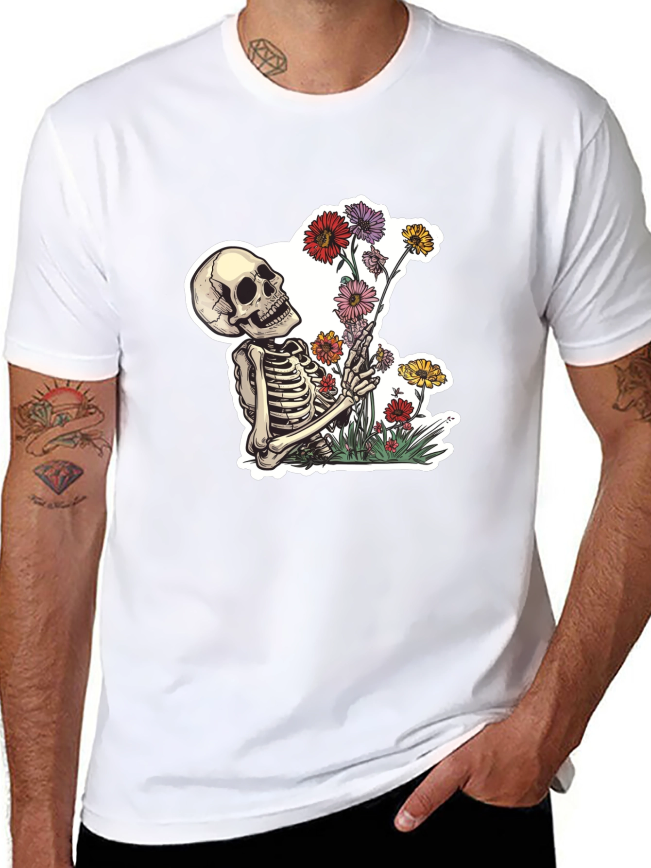 Skeleton with Flowers Graphic T-Shirt