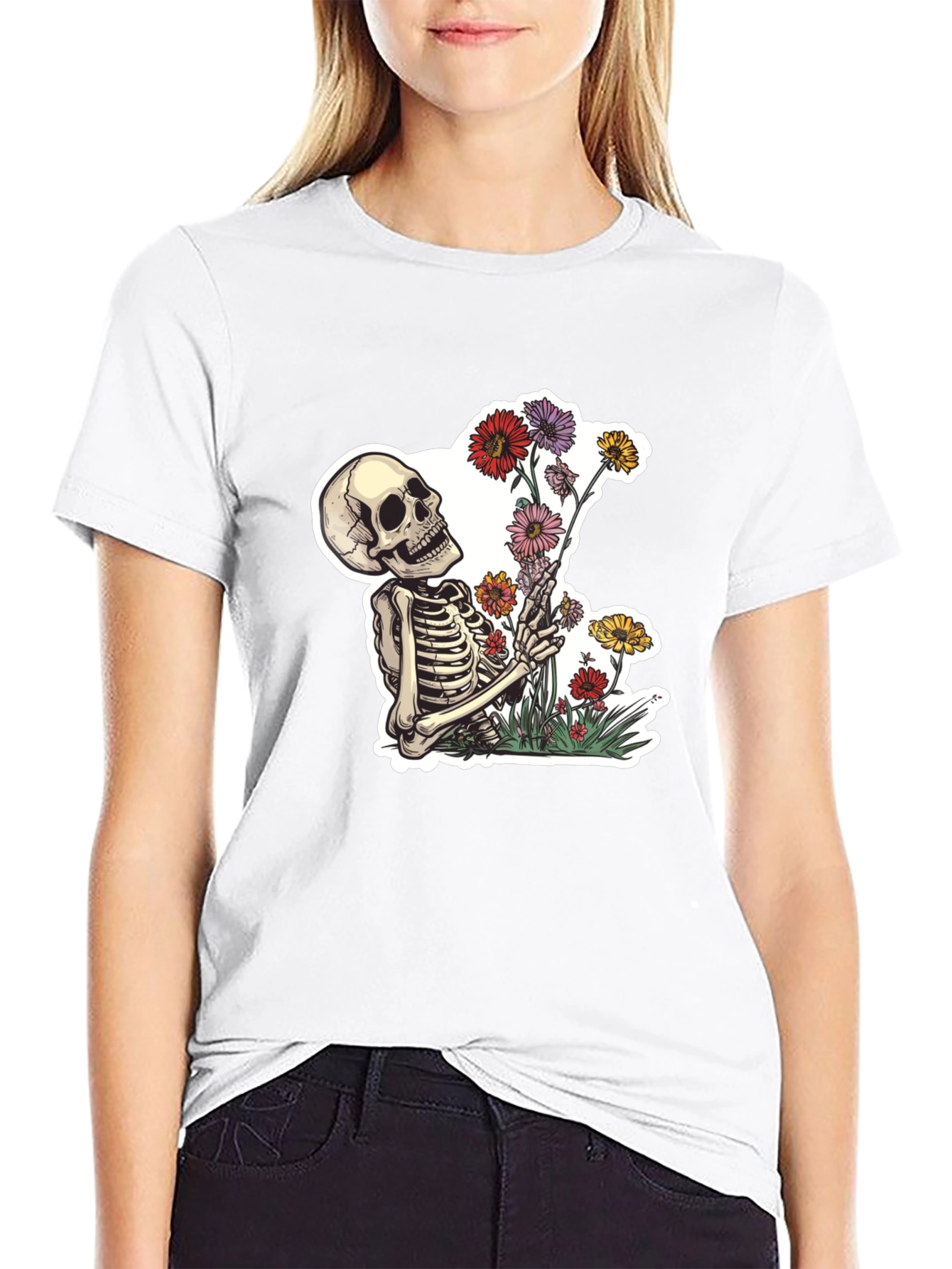 Skeleton with Flowers Graphic T-Shirt