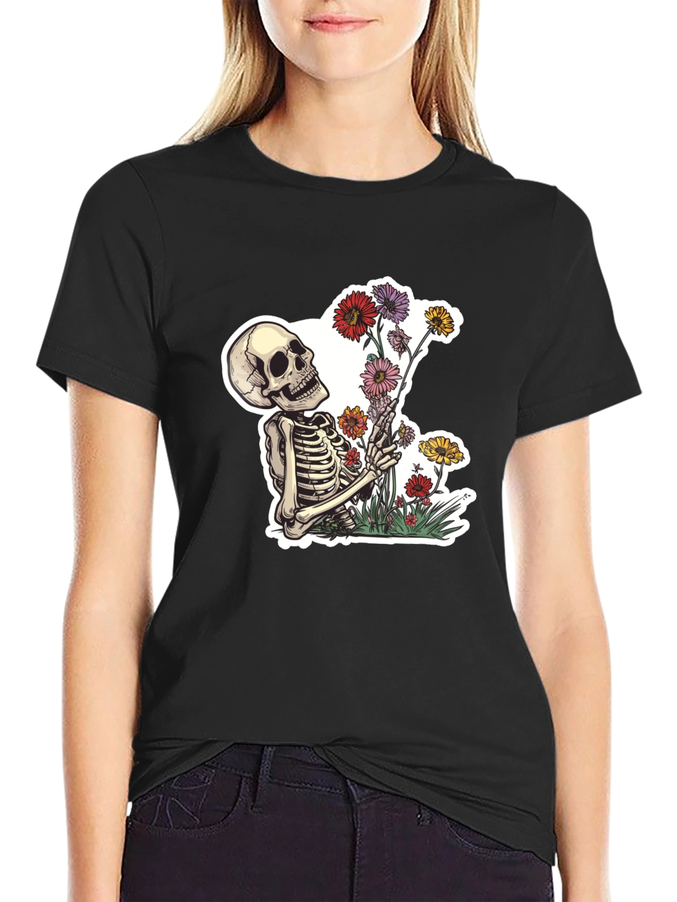 Skeleton with Flowers Graphic T-Shirt