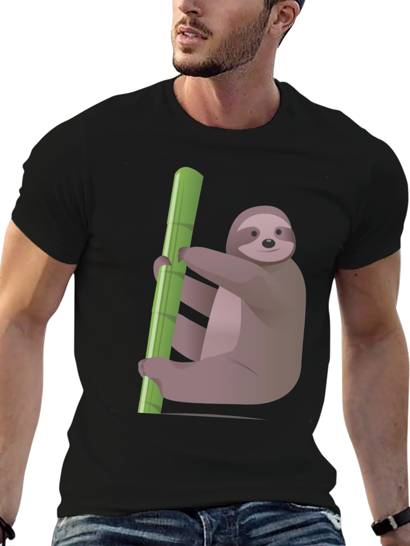 Cute Sloth Hugging Bamboo T-Shirt - Black