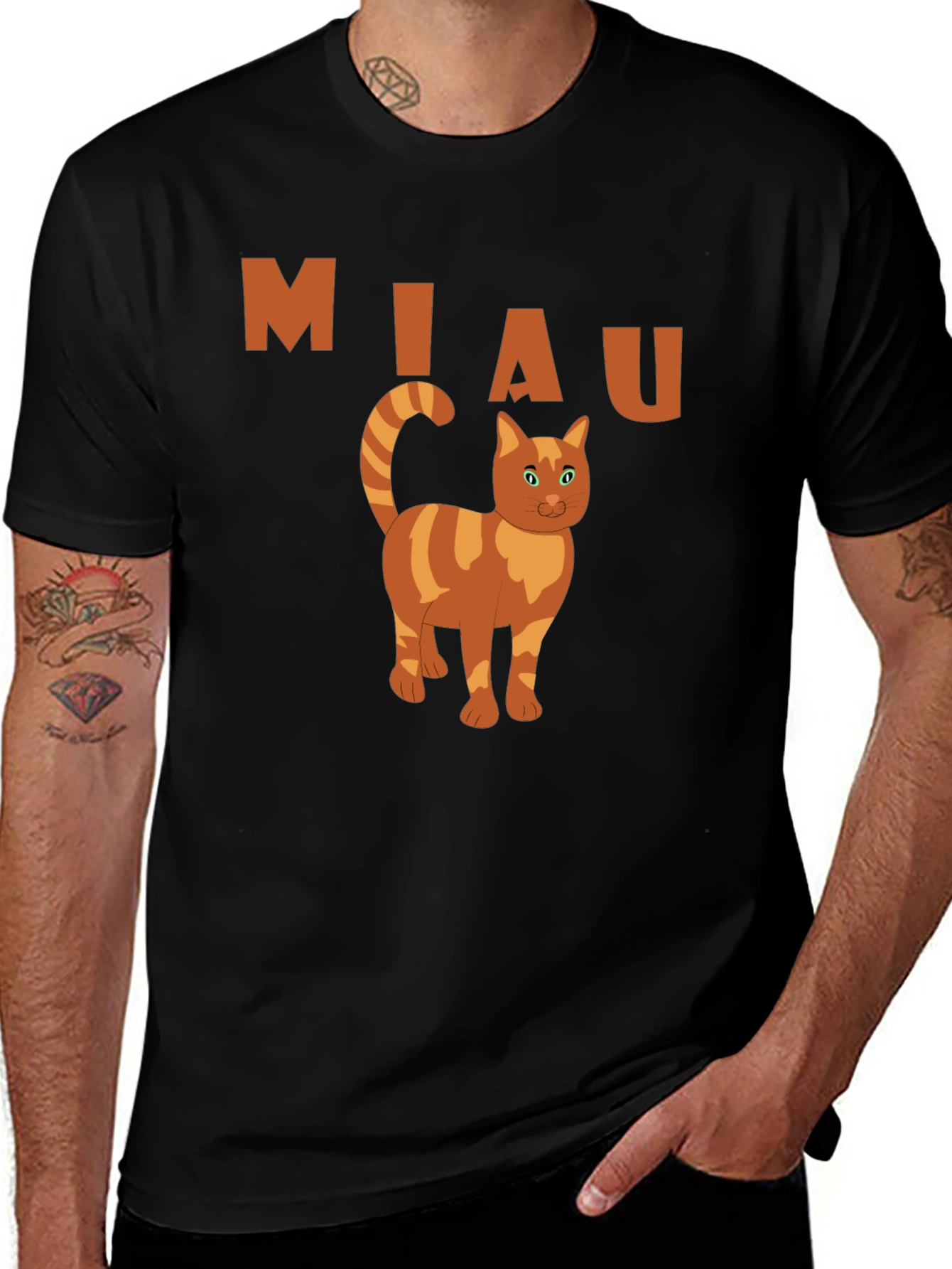 Miaw Cat Graphic Tee - Black Cotton Casual Shirt