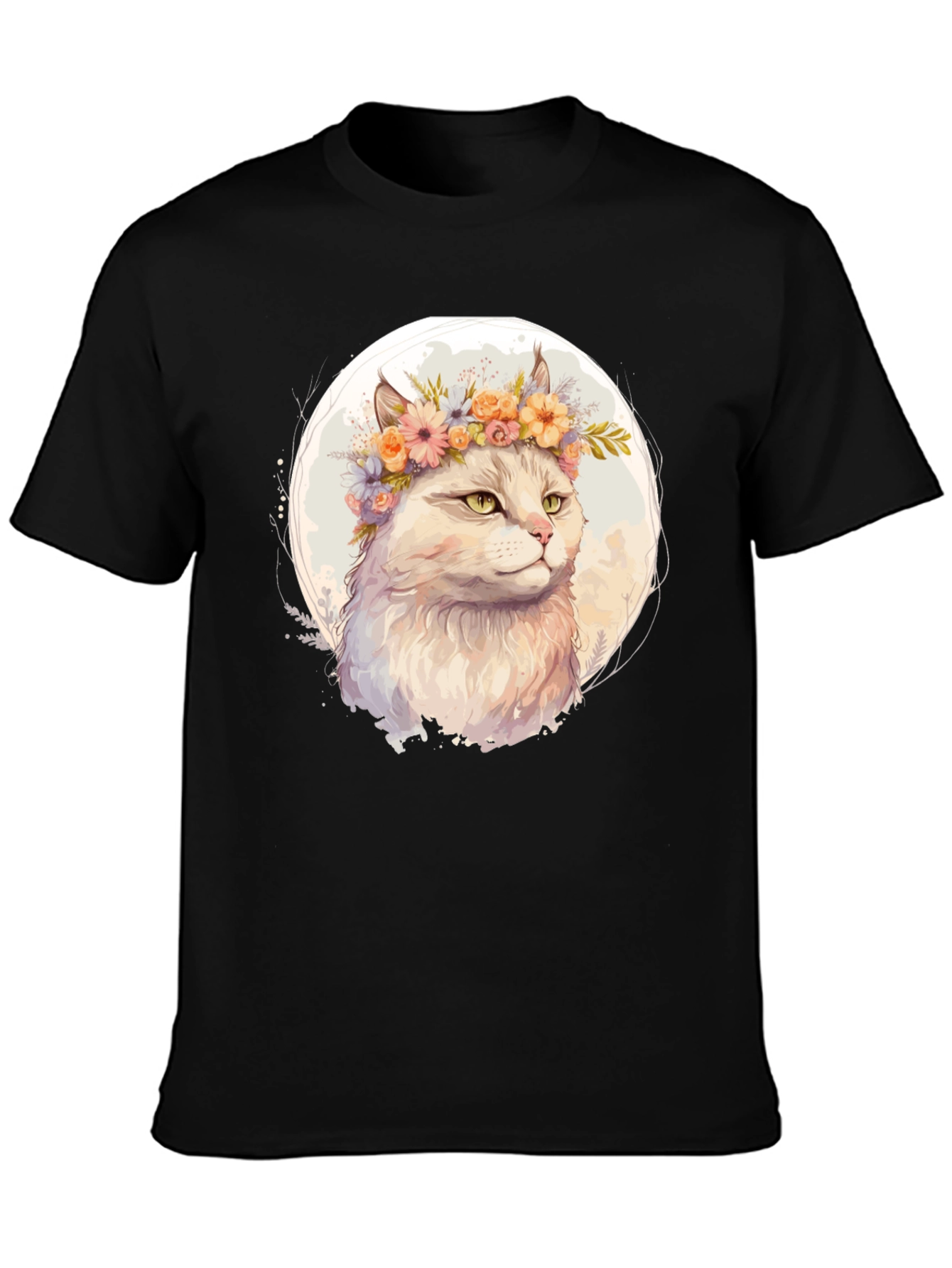 Cat with Flowers Graphic Tee - Black