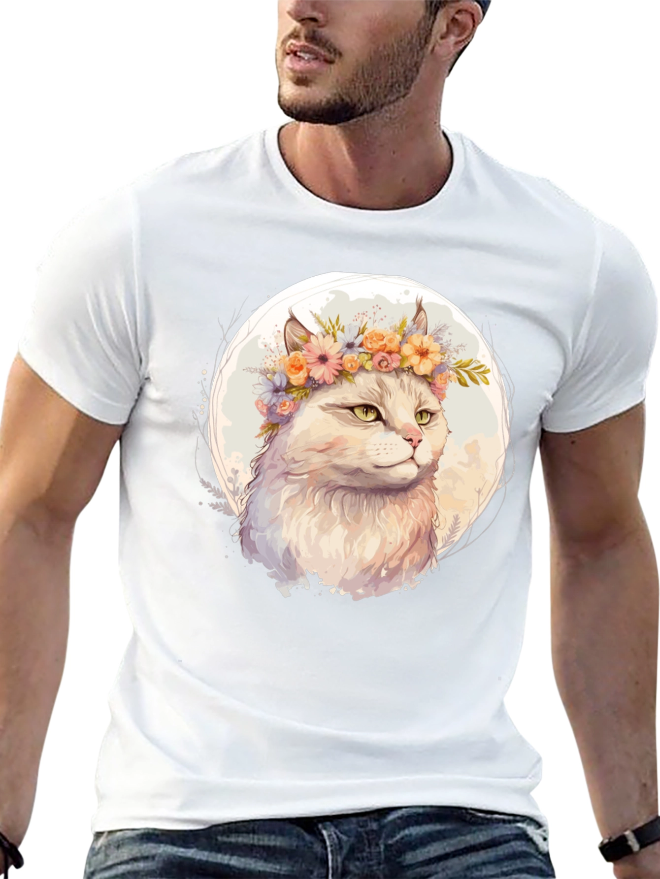 Cat with Flowers Graphic Tee - Black