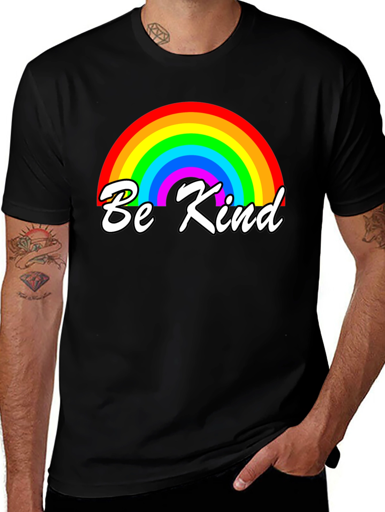 Be Kind Rainbow Graphic Tee - Black Cotton T-Shirt
