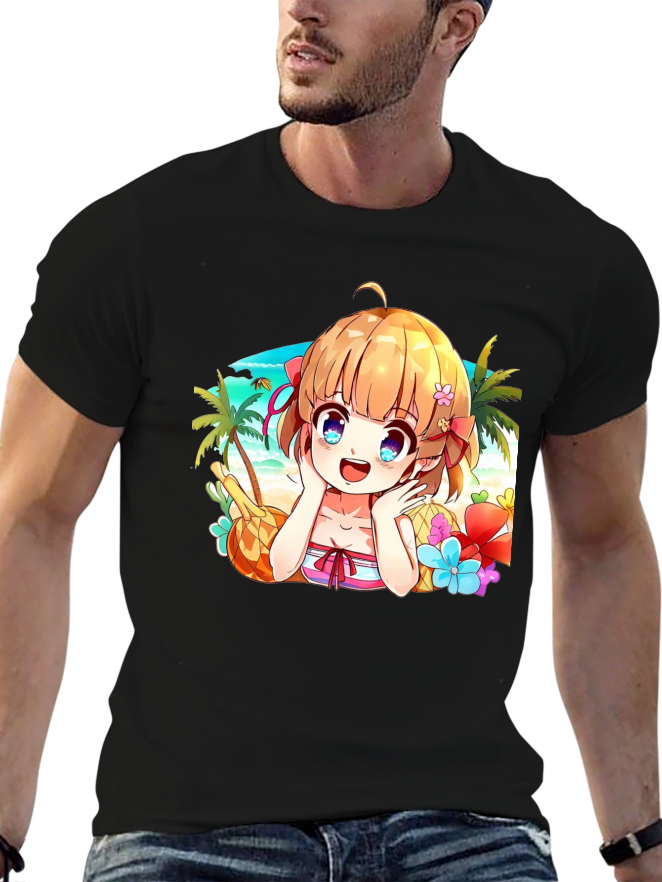 Anime Girl Beach Scene Black T-Shirt