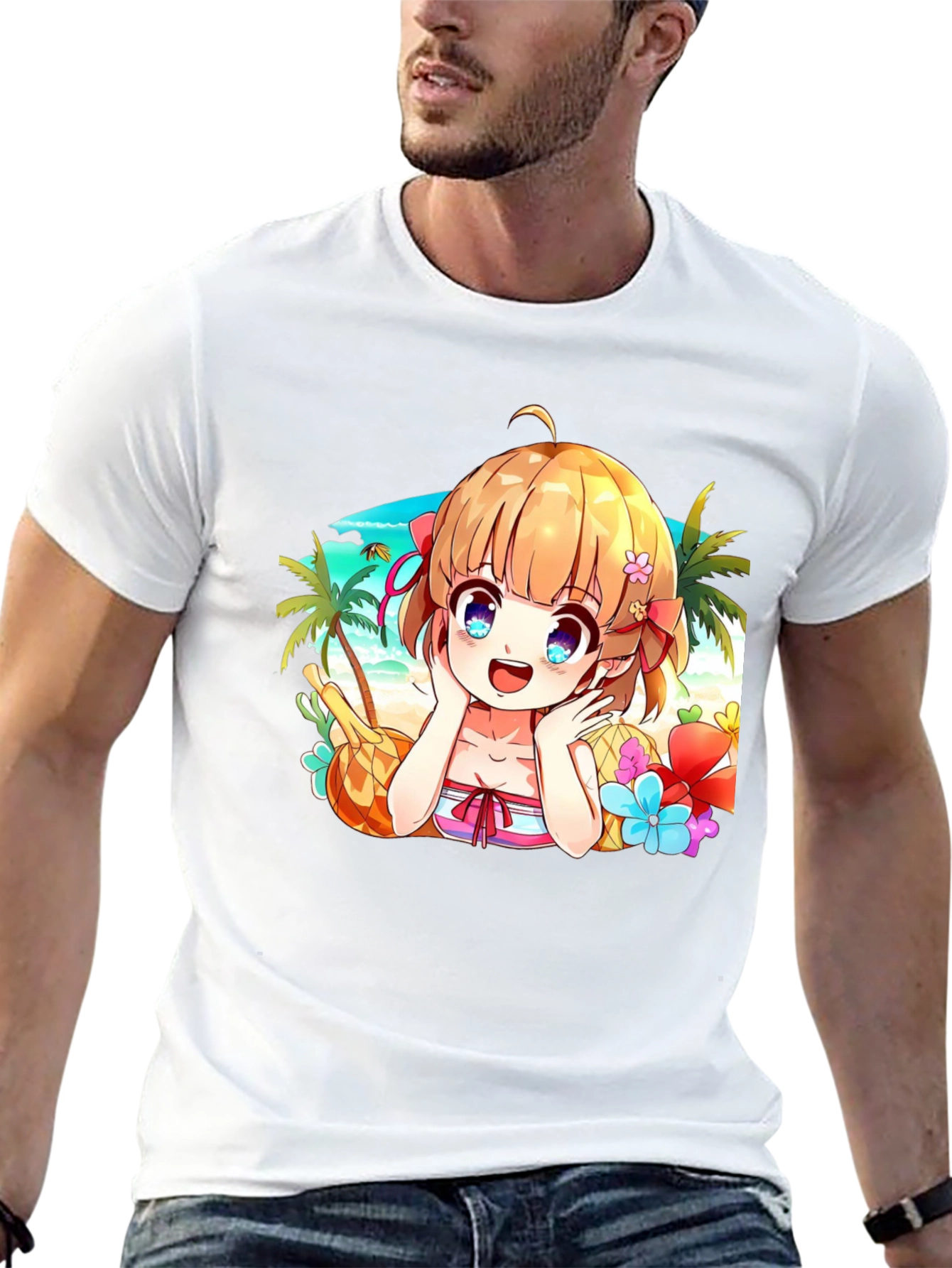 Anime Girl Beach Scene Black T-Shirt