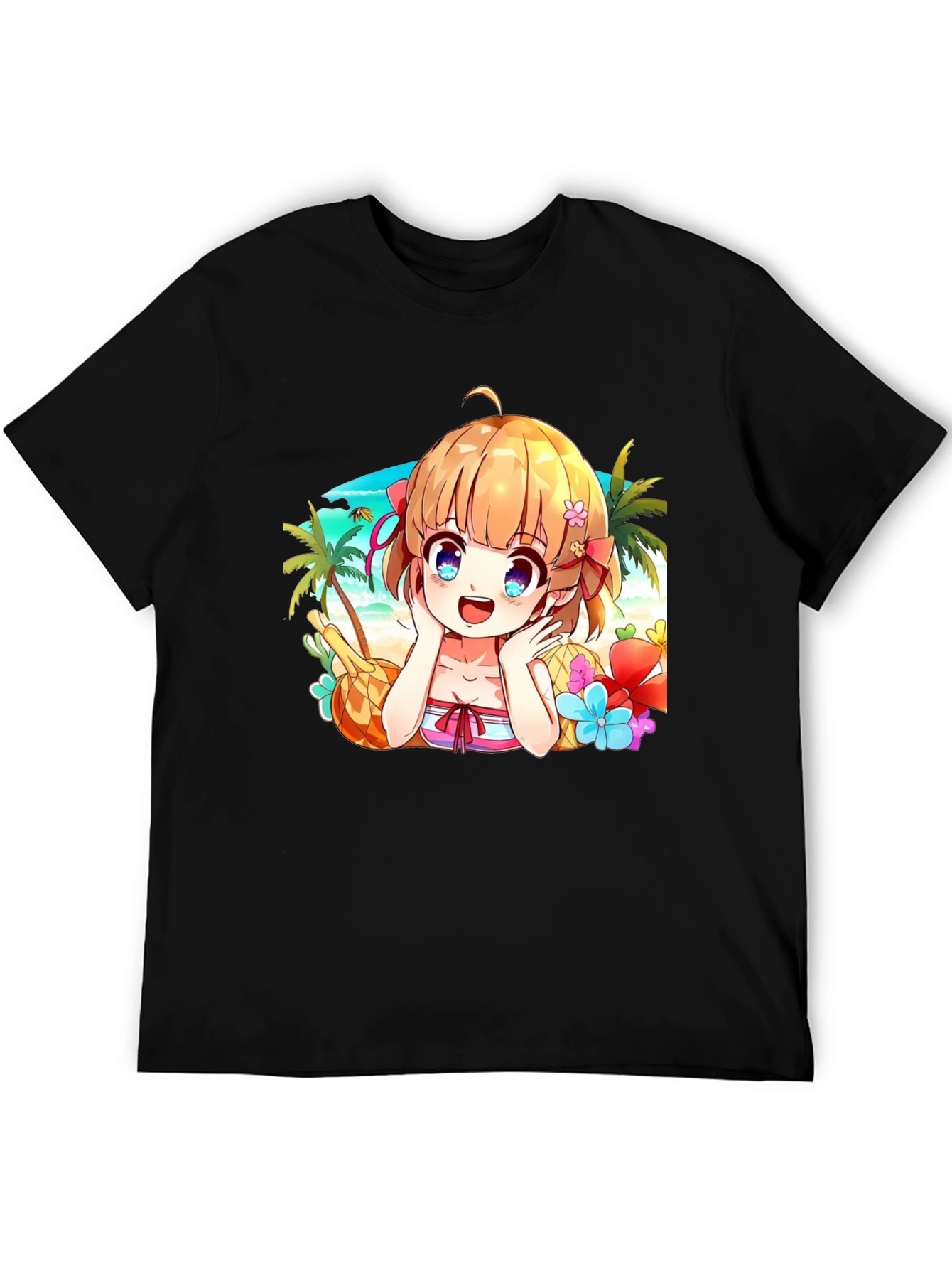 Anime Girl Beach Scene Black T-Shirt