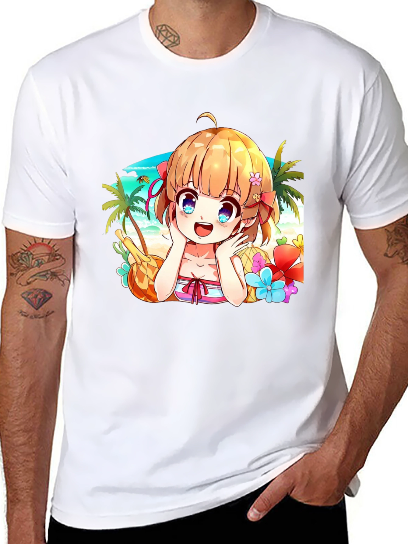 Anime Girl Beach Scene Black T-Shirt