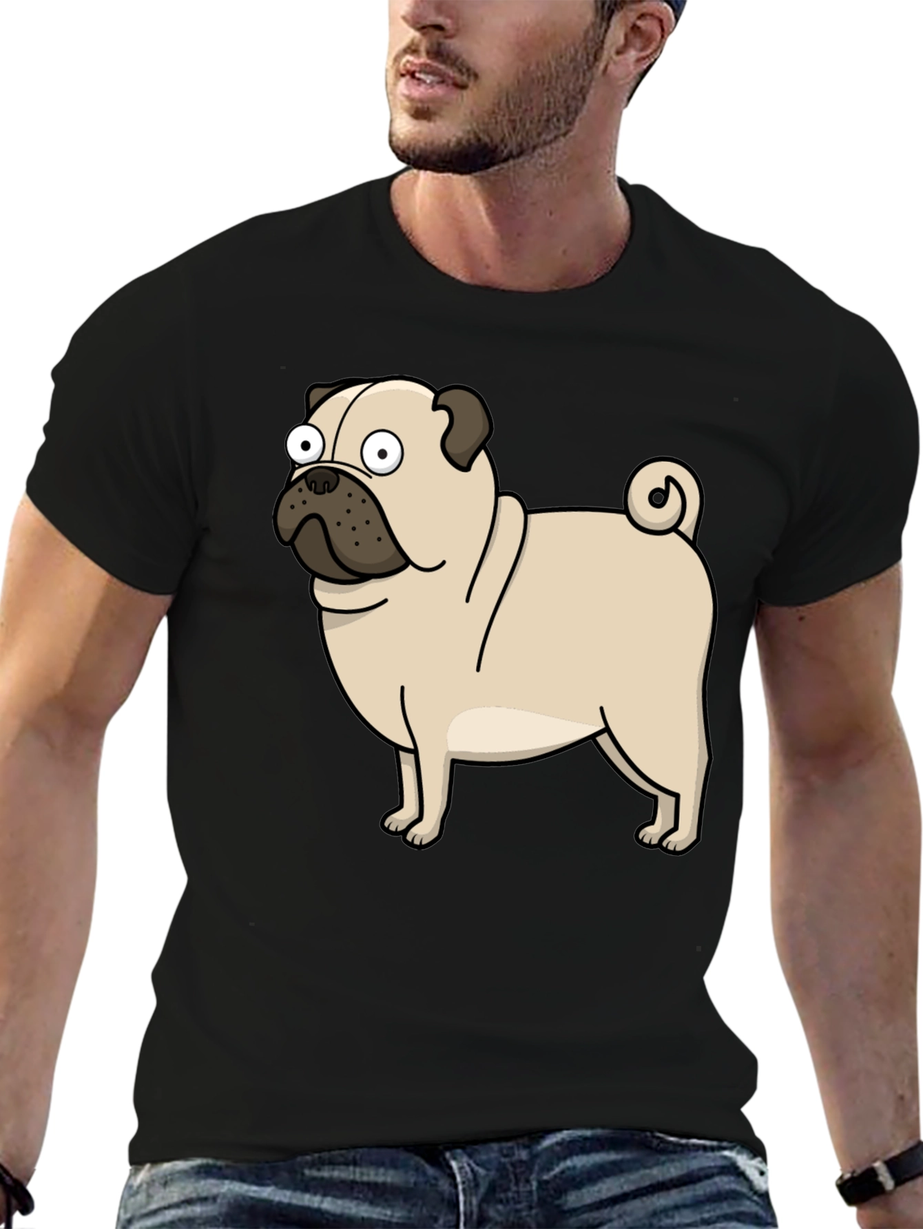 Cartoon Pug Graphic T-Shirt - Black