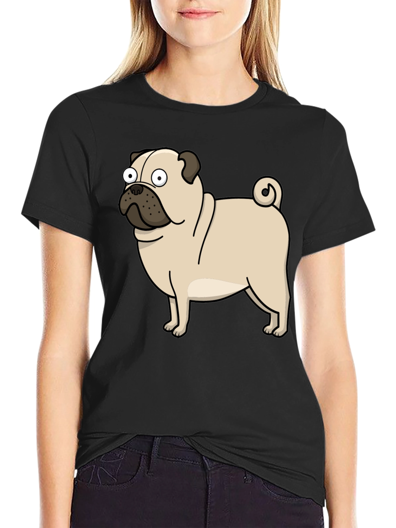 Cartoon Pug Graphic T-Shirt - Black