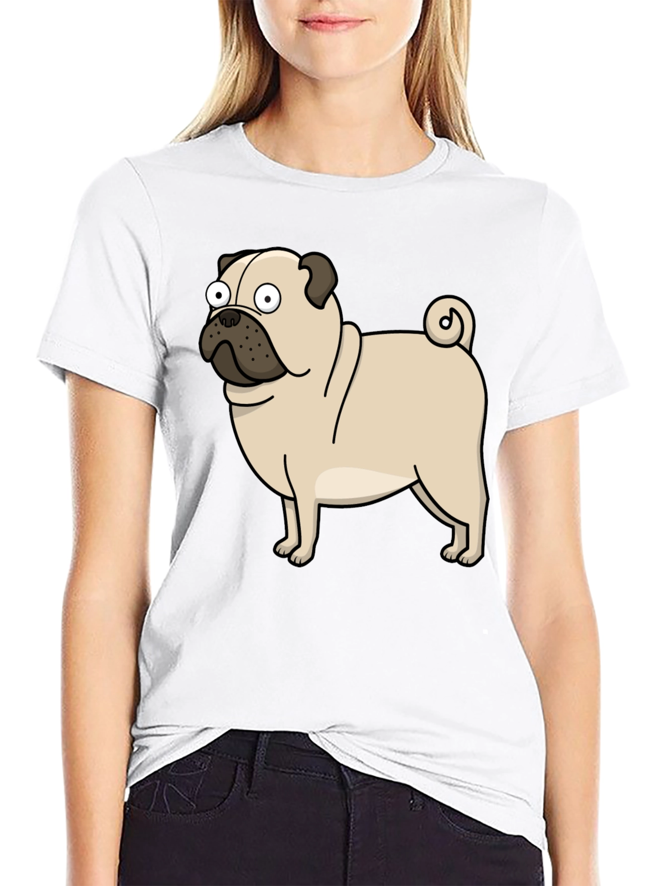 Cartoon Pug Graphic T-Shirt - Black