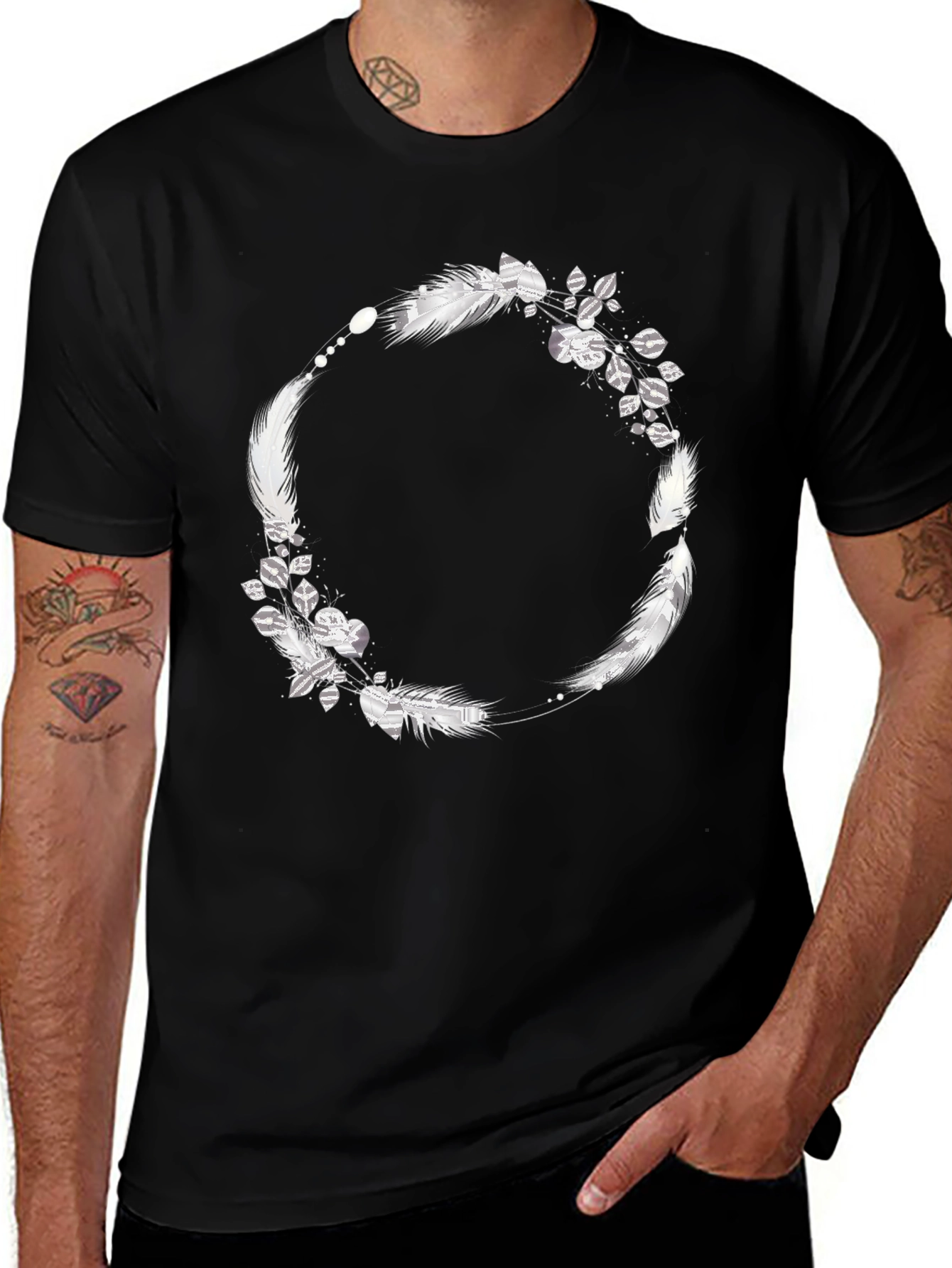 Black Tee with Feather & Leaf Wreath Design