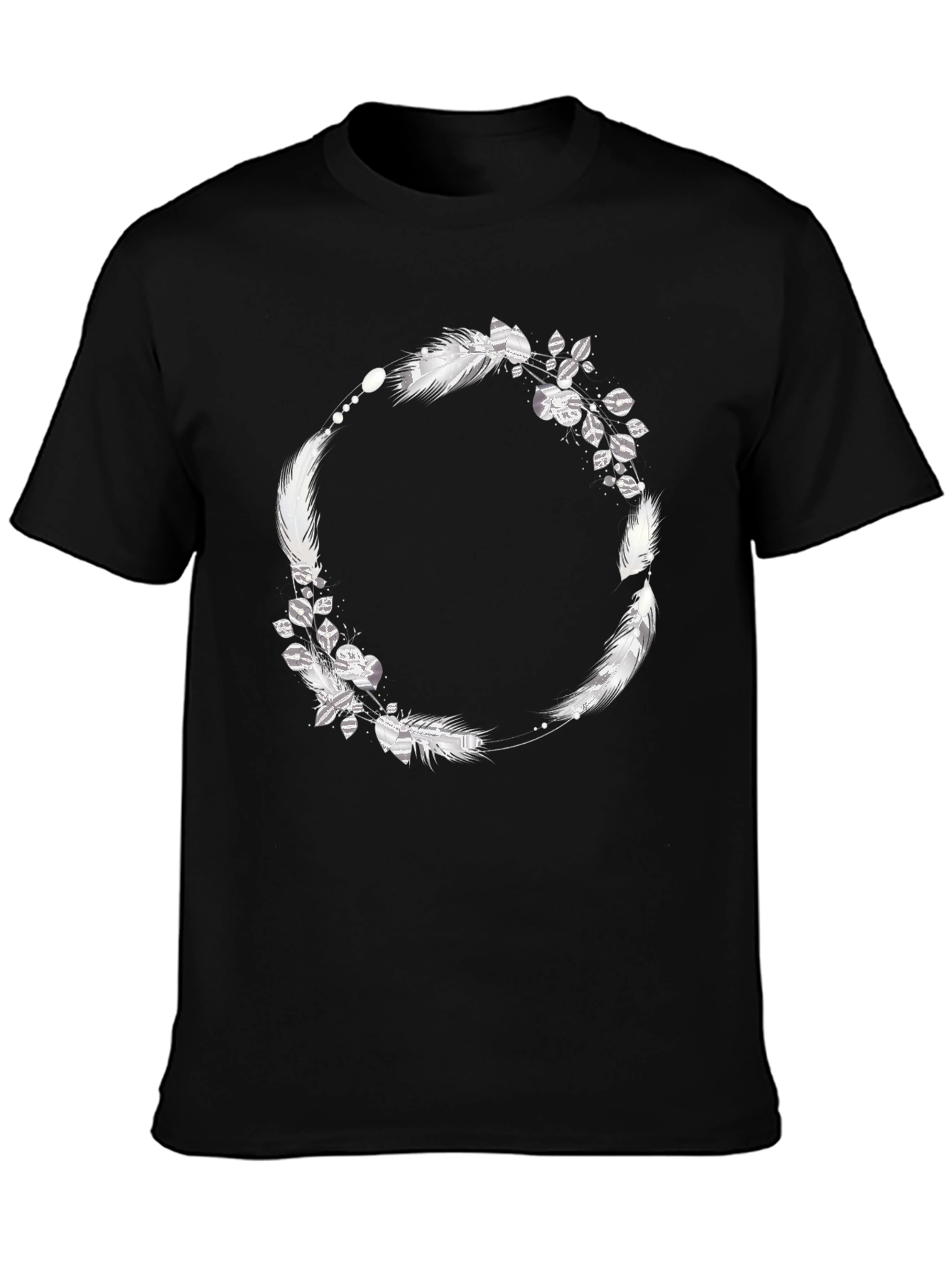 Black Tee with Feather & Leaf Wreath Design