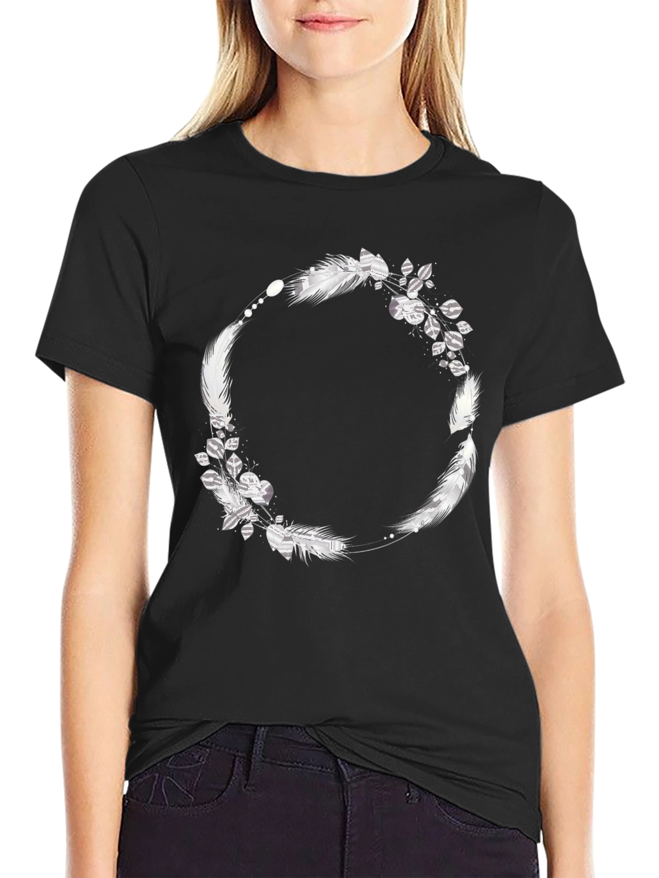 Black Tee with Feather & Leaf Wreath Design
