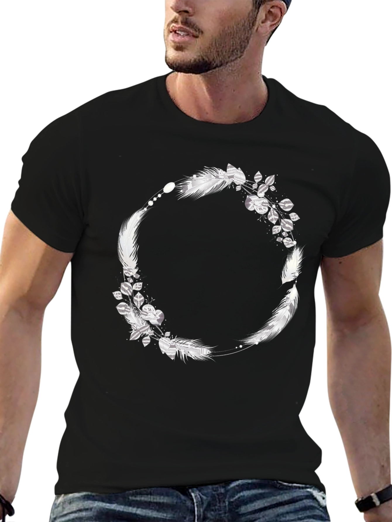 Black Tee with Feather & Leaf Wreath Design
