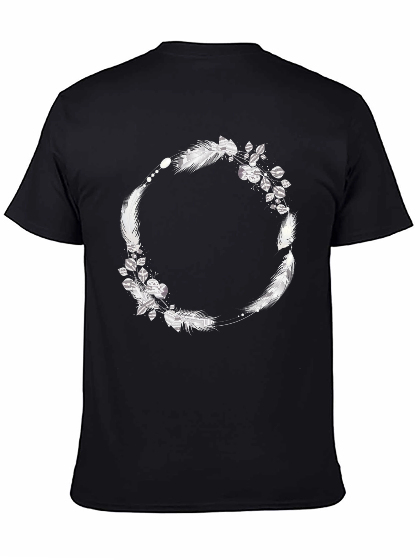 Black Tee with Feather & Leaf Wreath Design