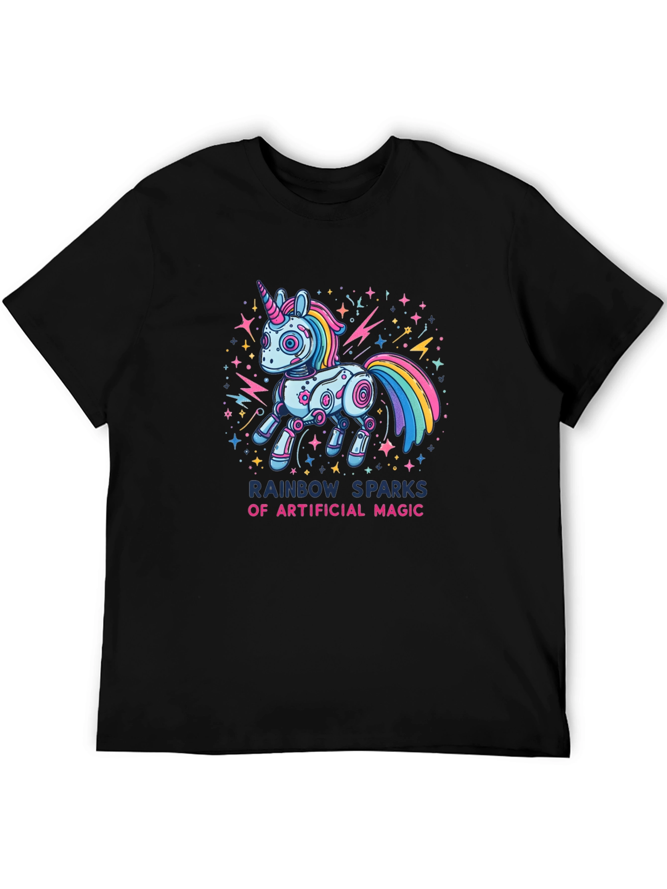 Rainbow Sparks Robot Unicorn Graphic T-Shirt