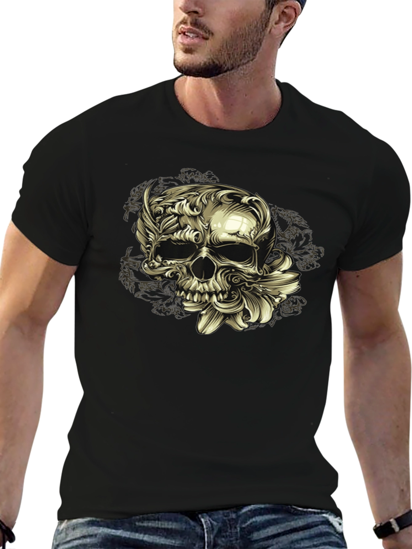 Floral Skull Graphic Tee - Dark Style