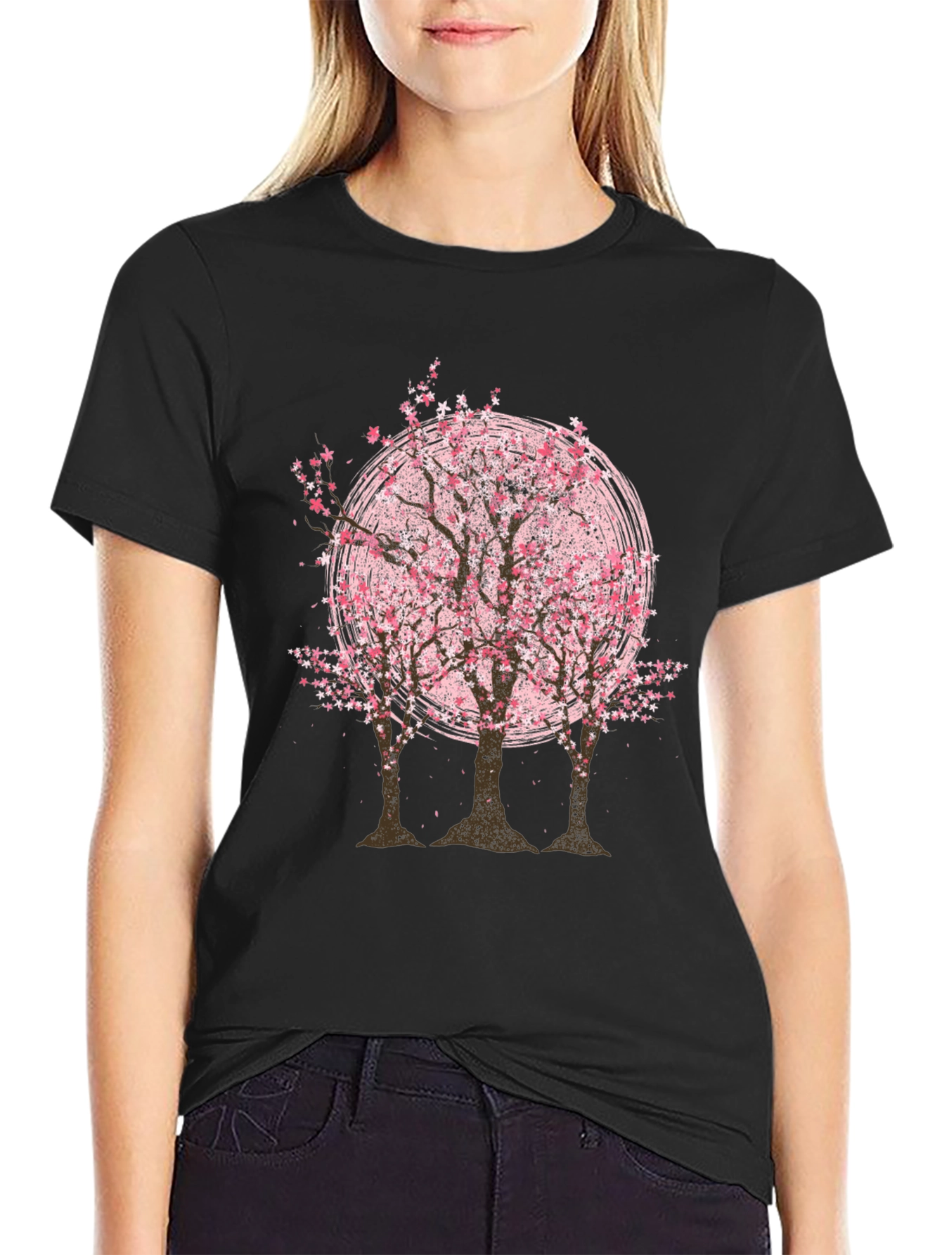 Cherry Blossom Tree Graphic Tee - Black Cotton T-Shirt