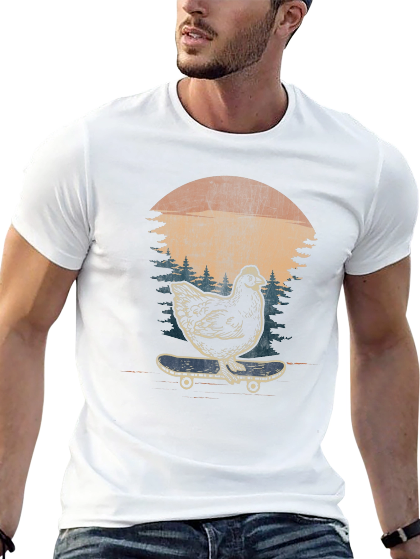 Chicken Skateboard Graphic Tee - Retro Style