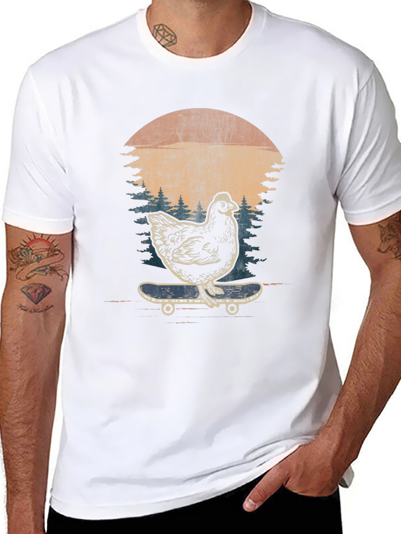 Chicken Skateboard Graphic Tee - Retro Style