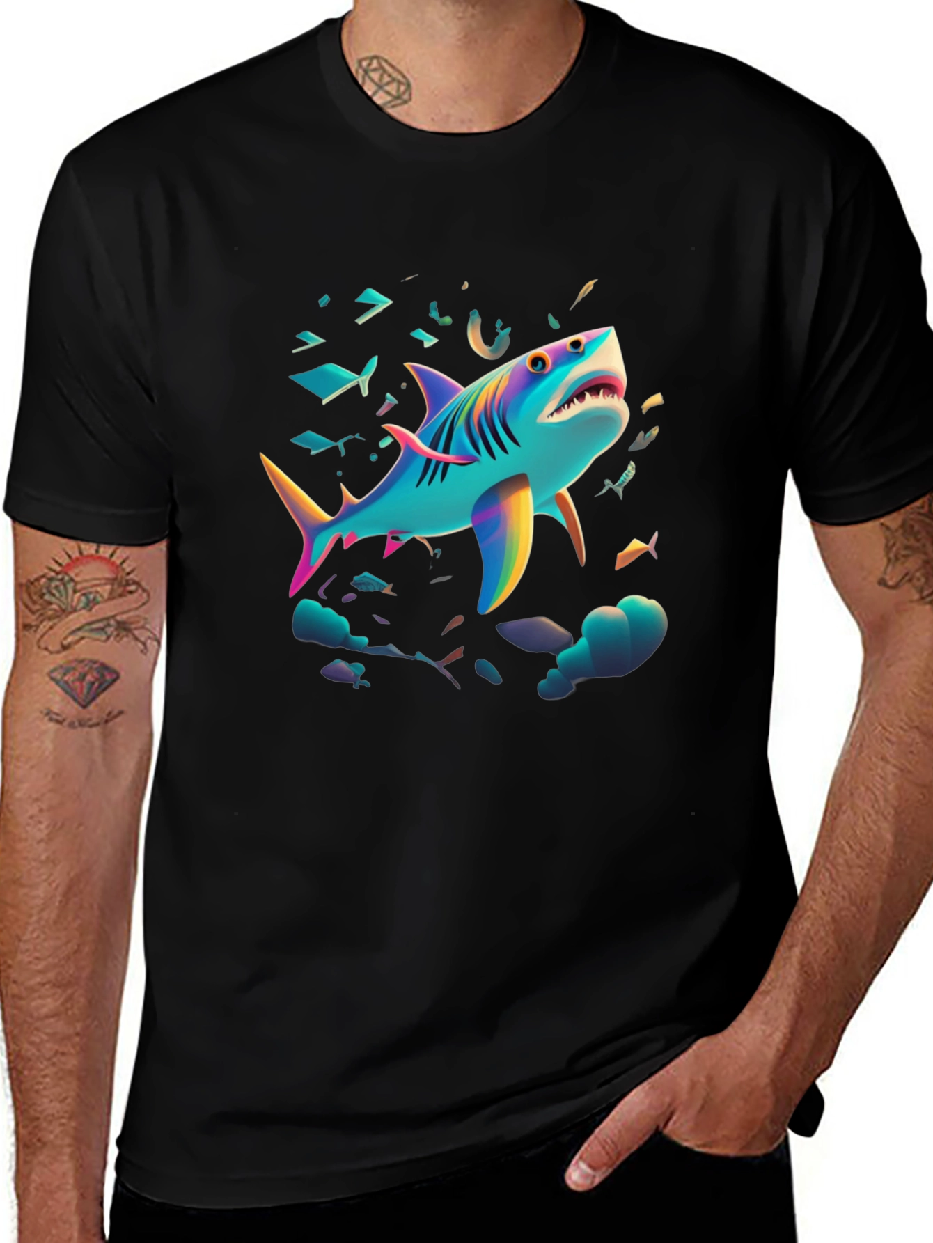 Vibrant Shark Graphic Tee - Black Cotton Blend