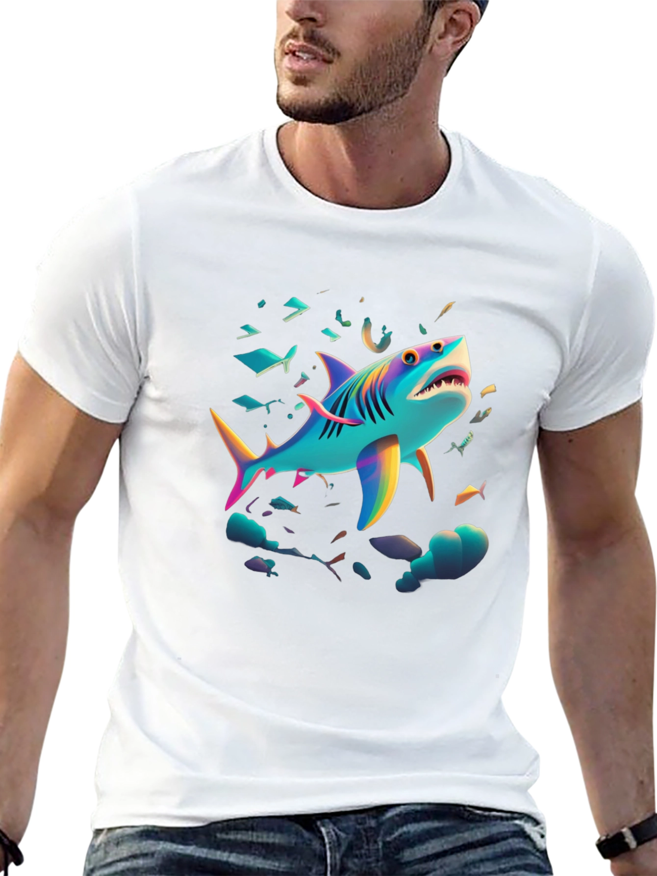 Vibrant Shark Graphic Tee - Black Cotton Blend