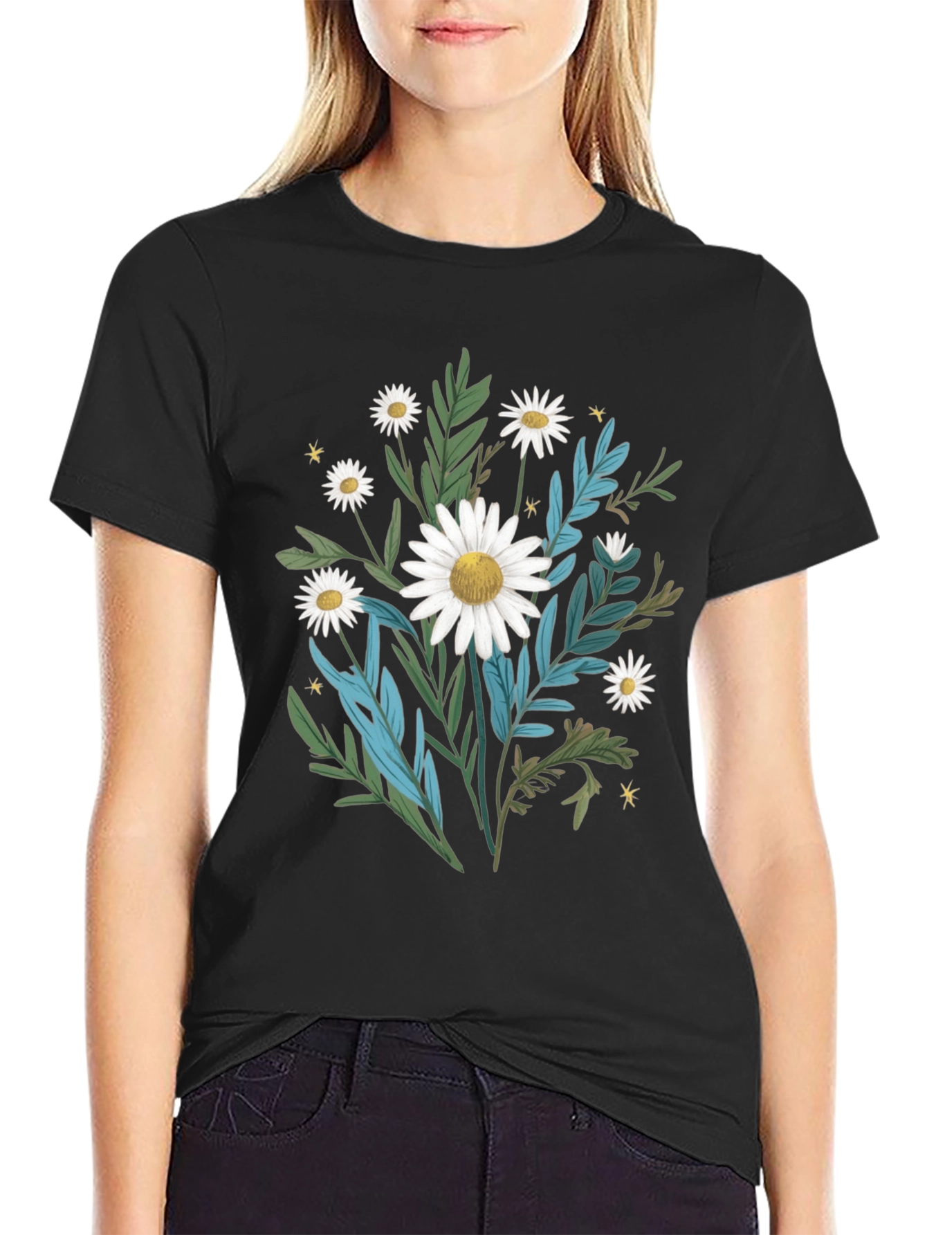 Daisy Floral Graphic Black T-Shirt