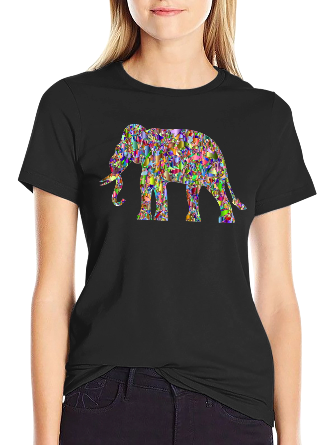 Abstract Elephant Graphic Tee - Black Cotton Casual Top