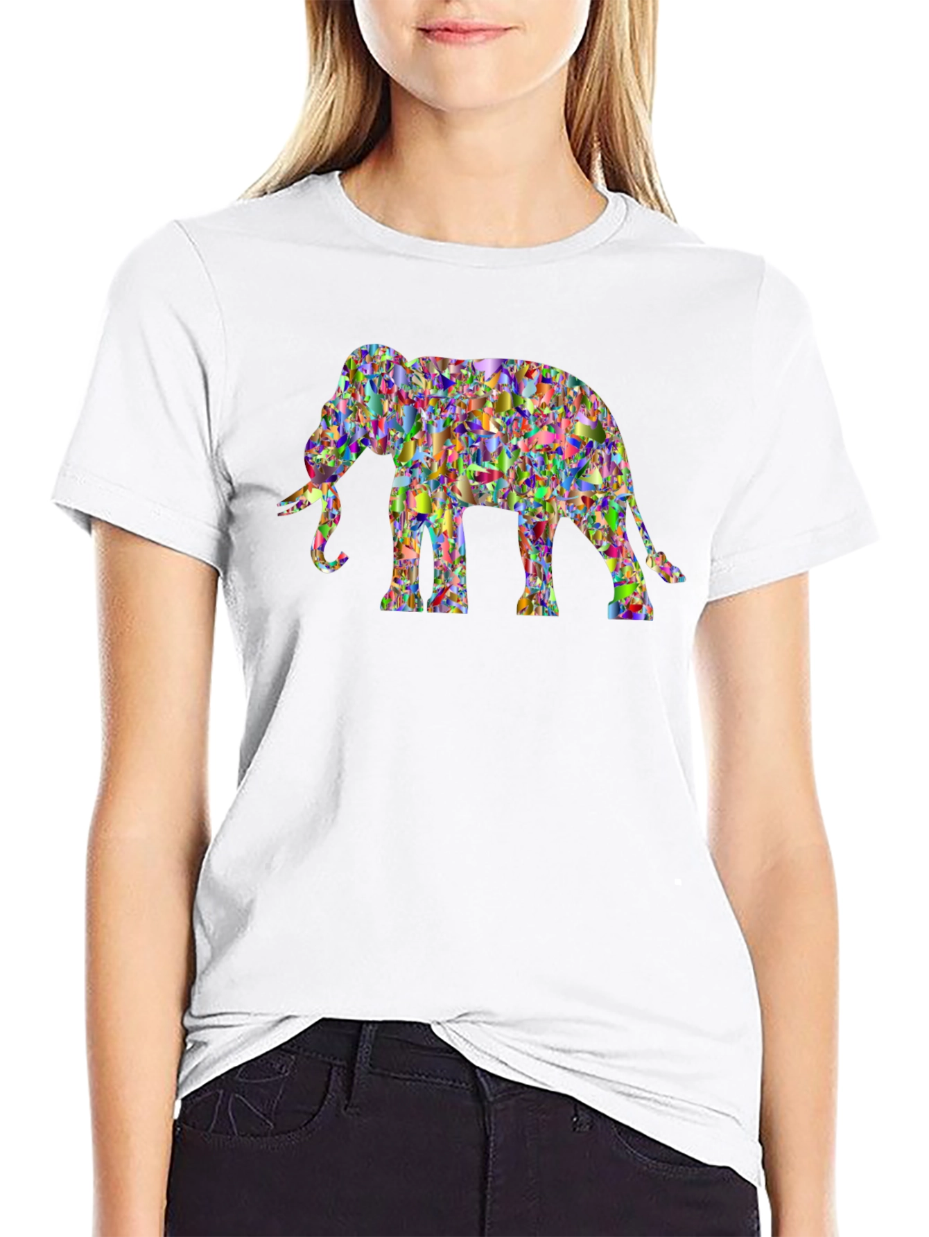 Abstract Elephant Graphic Tee - Black Cotton Casual Top