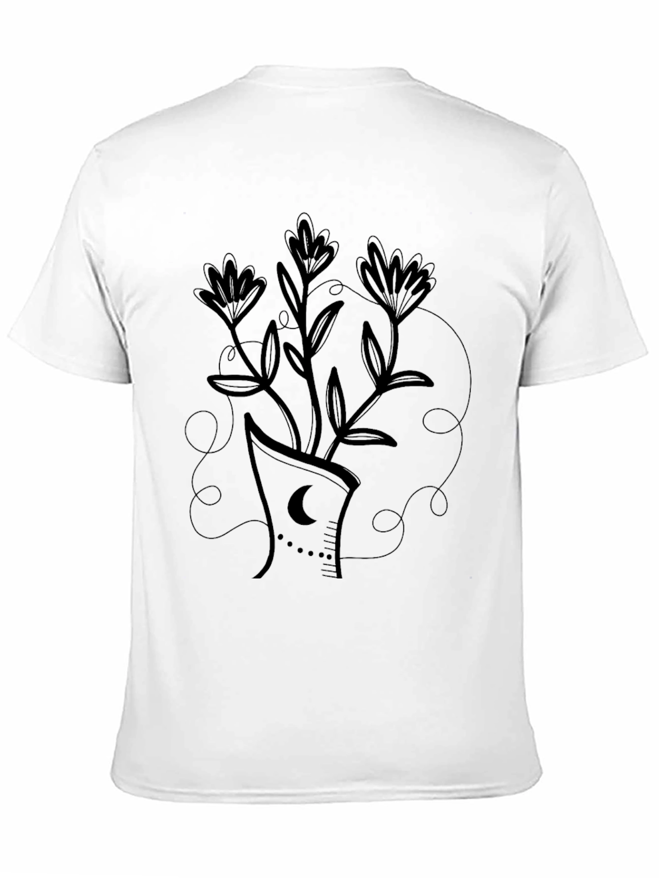 Black T-Shirt with Floral Crescent Moon Design