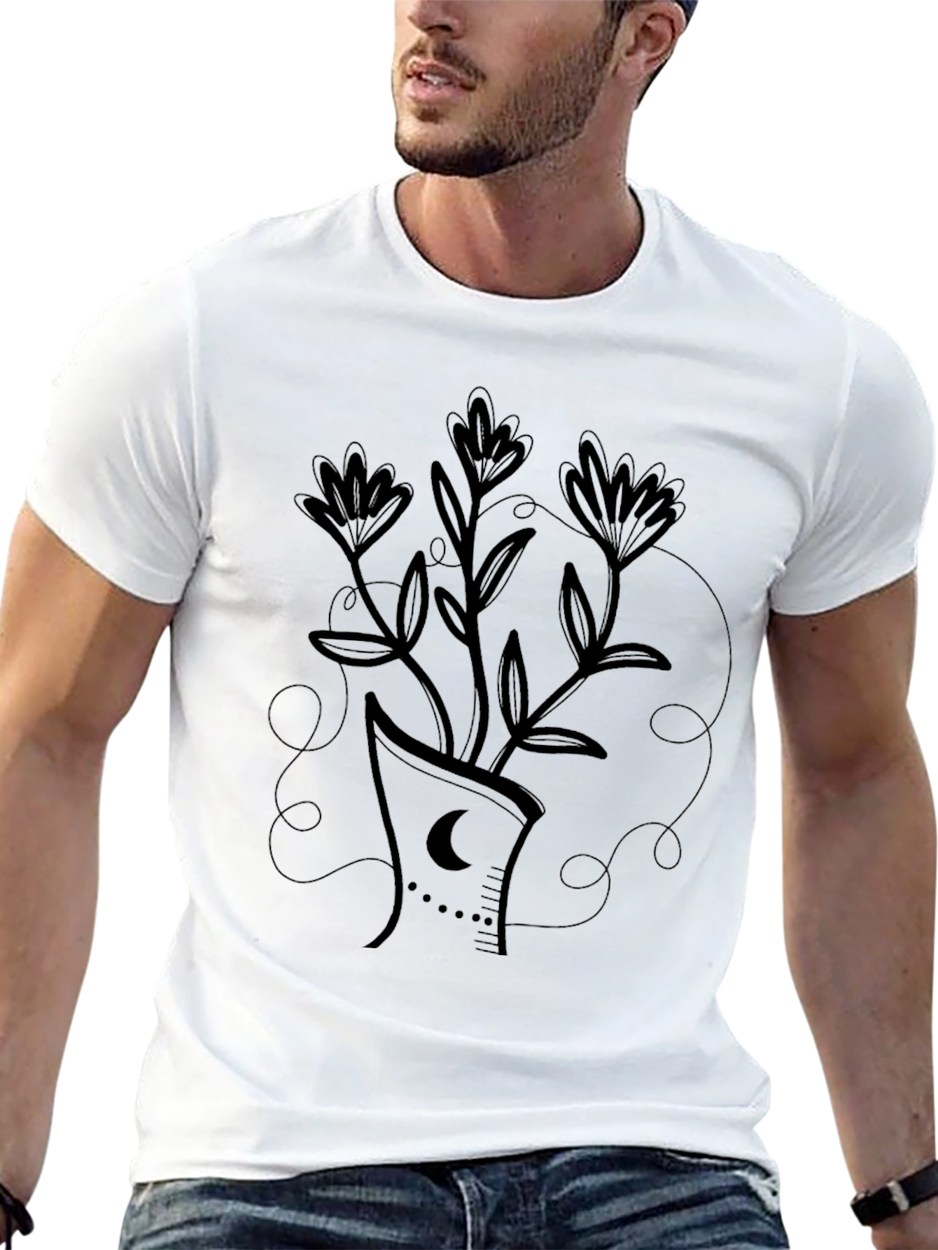 Black T-Shirt with Floral Crescent Moon Design