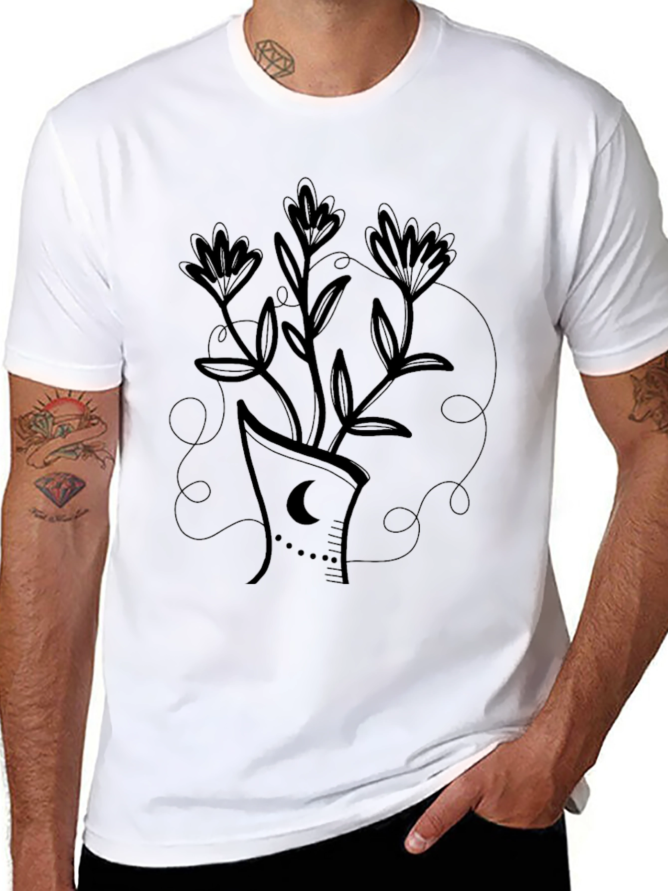 Black T-Shirt with Floral Crescent Moon Design
