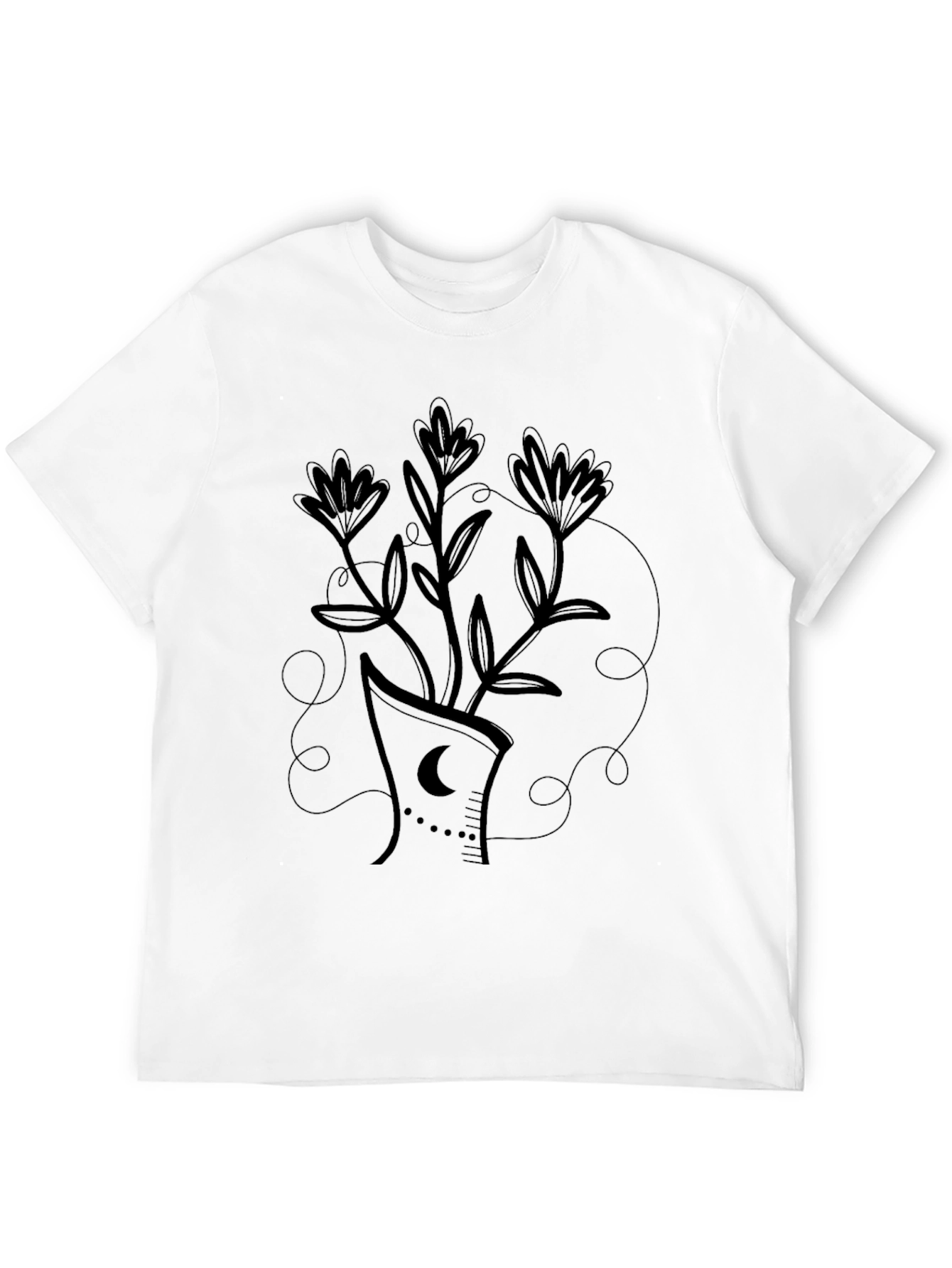 Black T-Shirt with Floral Crescent Moon Design