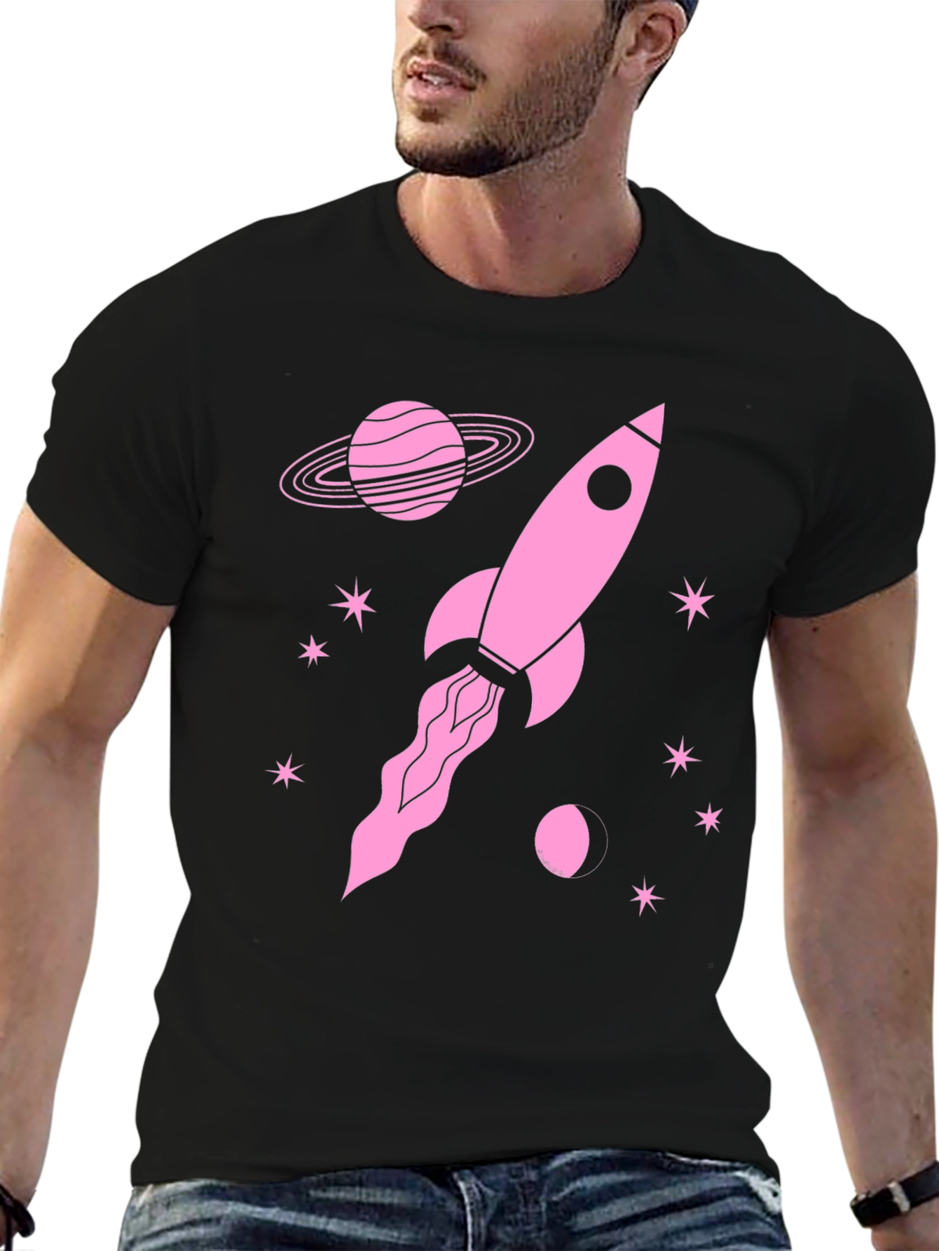 Rocket in Space Graphic Tee - Black Cotton