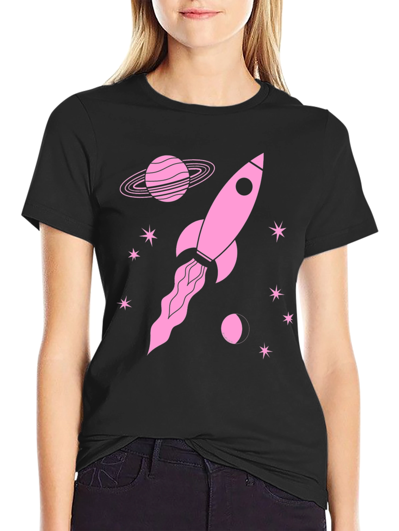 Rocket in Space Graphic Tee - Black Cotton