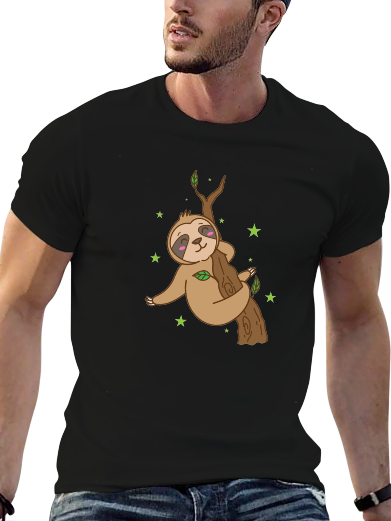 Sloth Hugging Tree Black T-Shirt