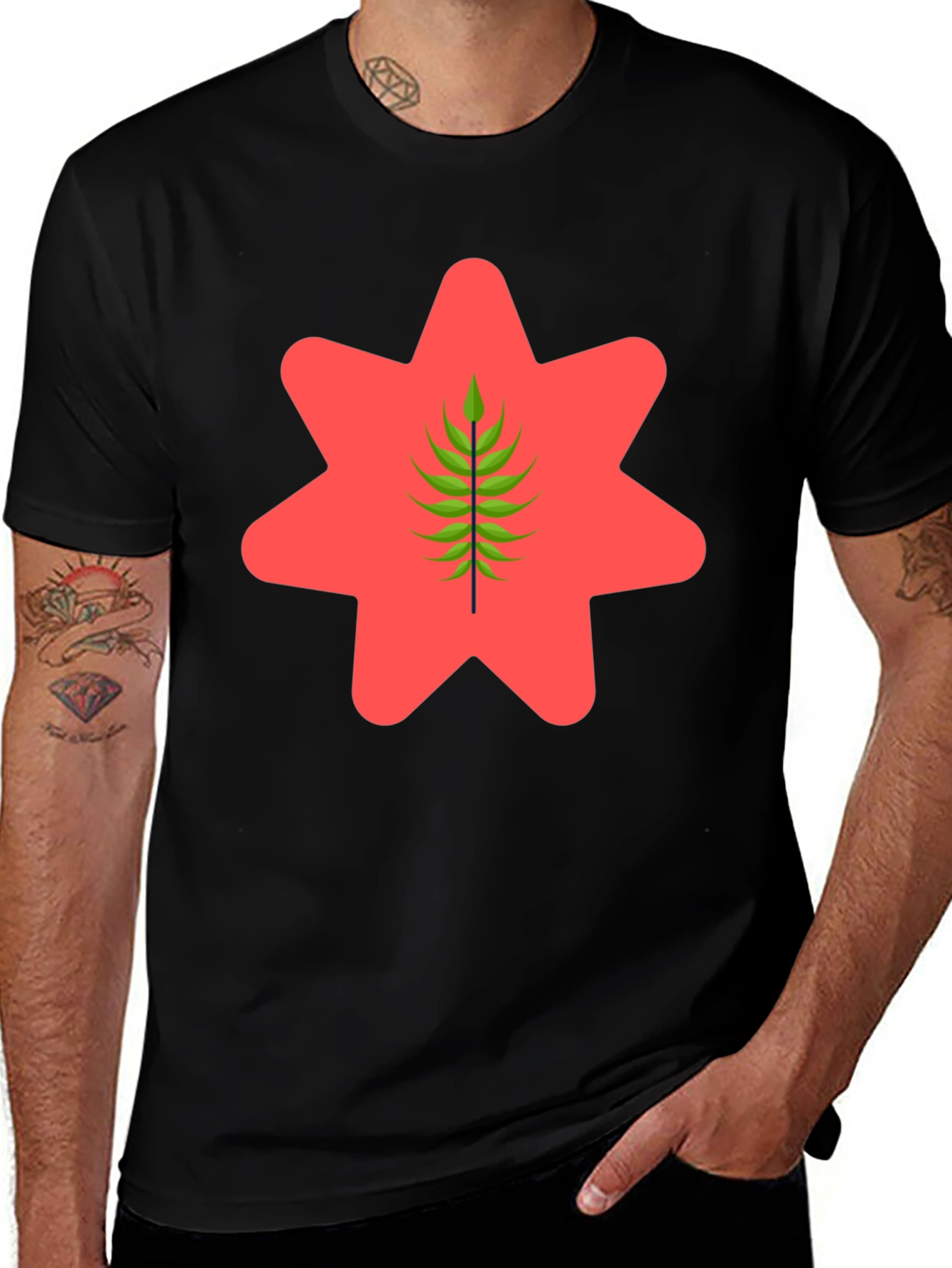 Black Graphic Tee - Red Star & Green Leaf
