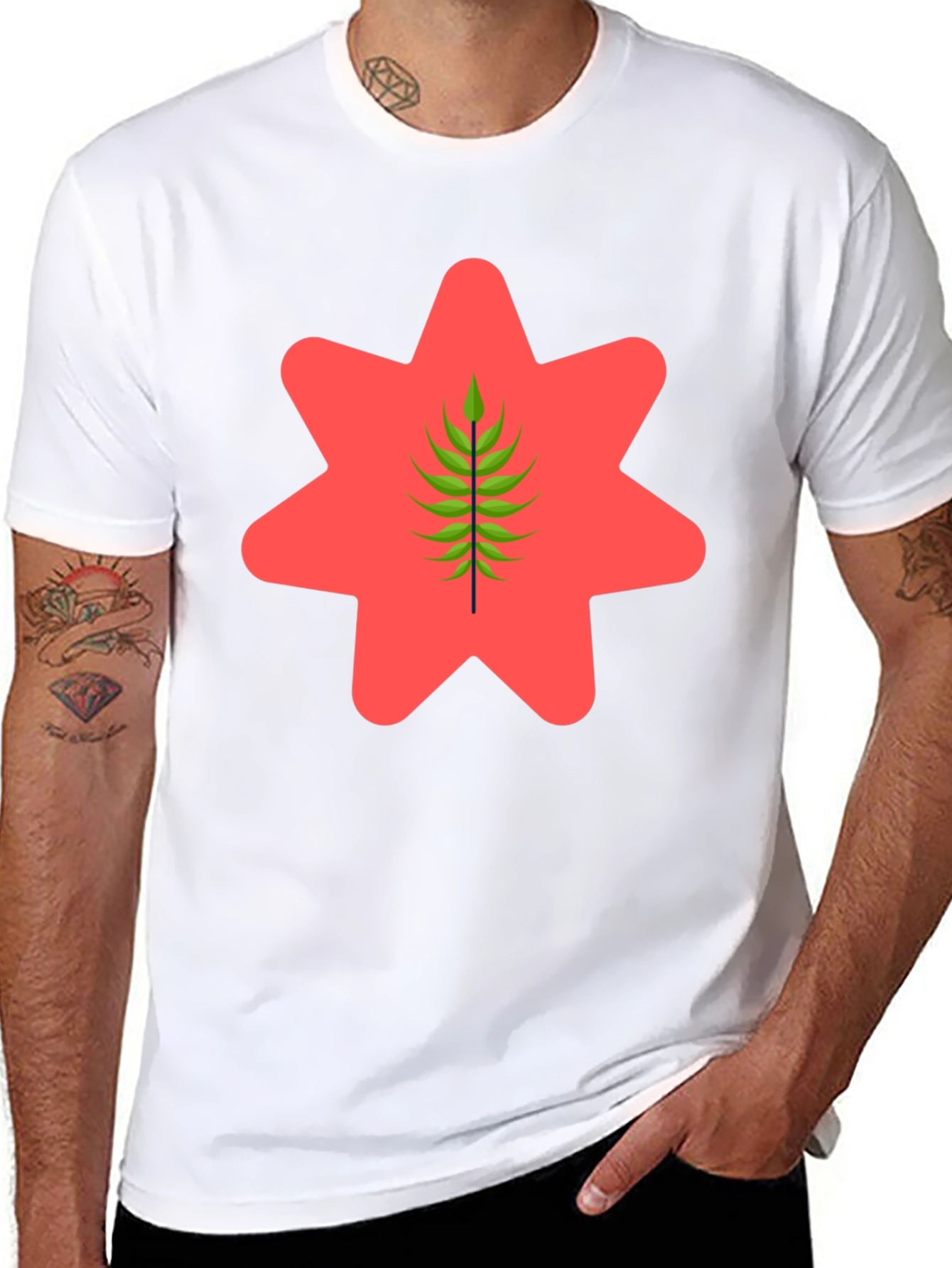 Black Graphic Tee - Red Star & Green Leaf