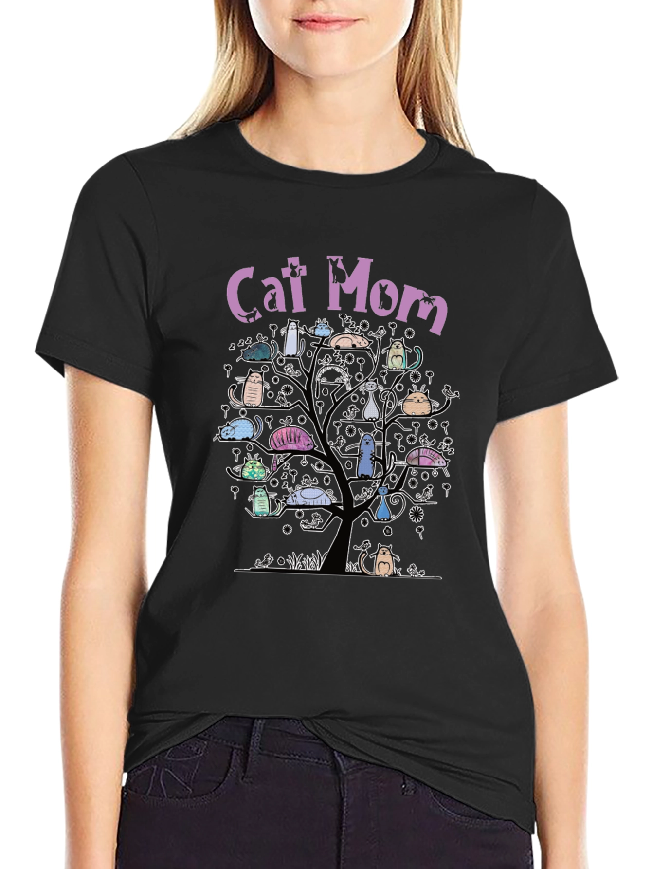 Cat Mom Tree T-Shirt - Whimsical Cat Lover Tee