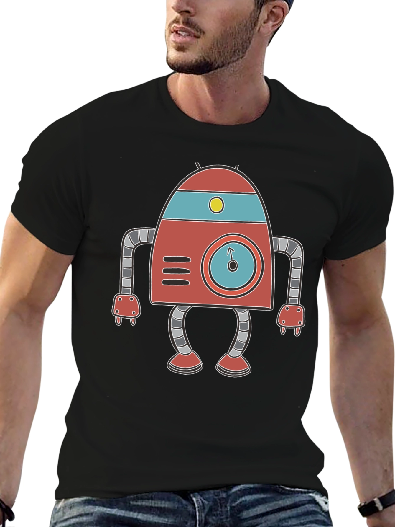 Retro Robot Graphic Tee - Black Cotton T-Shirt
