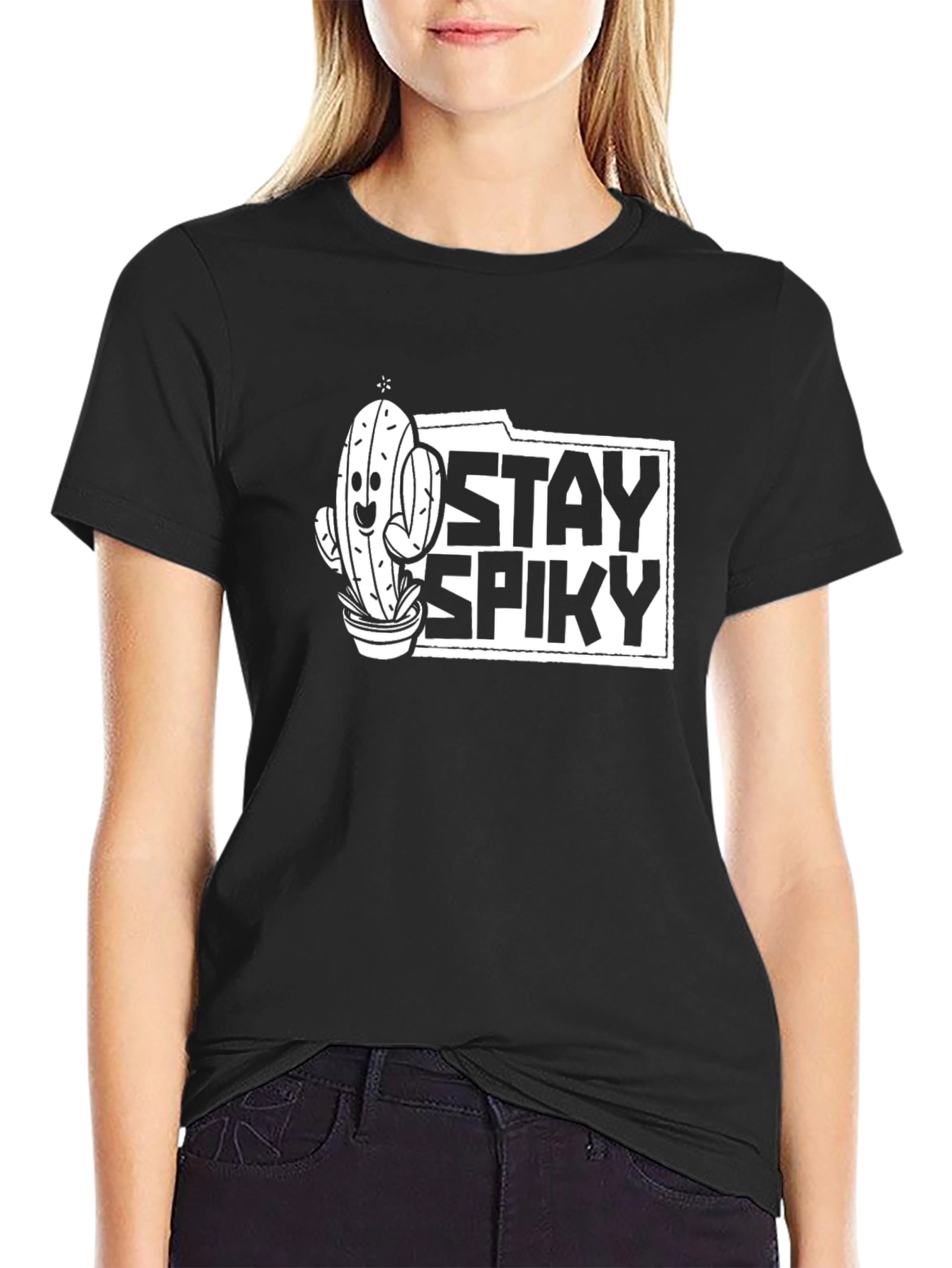 Stay Spiky Cactus Graphic Tee - Black Cotton T-Shirt