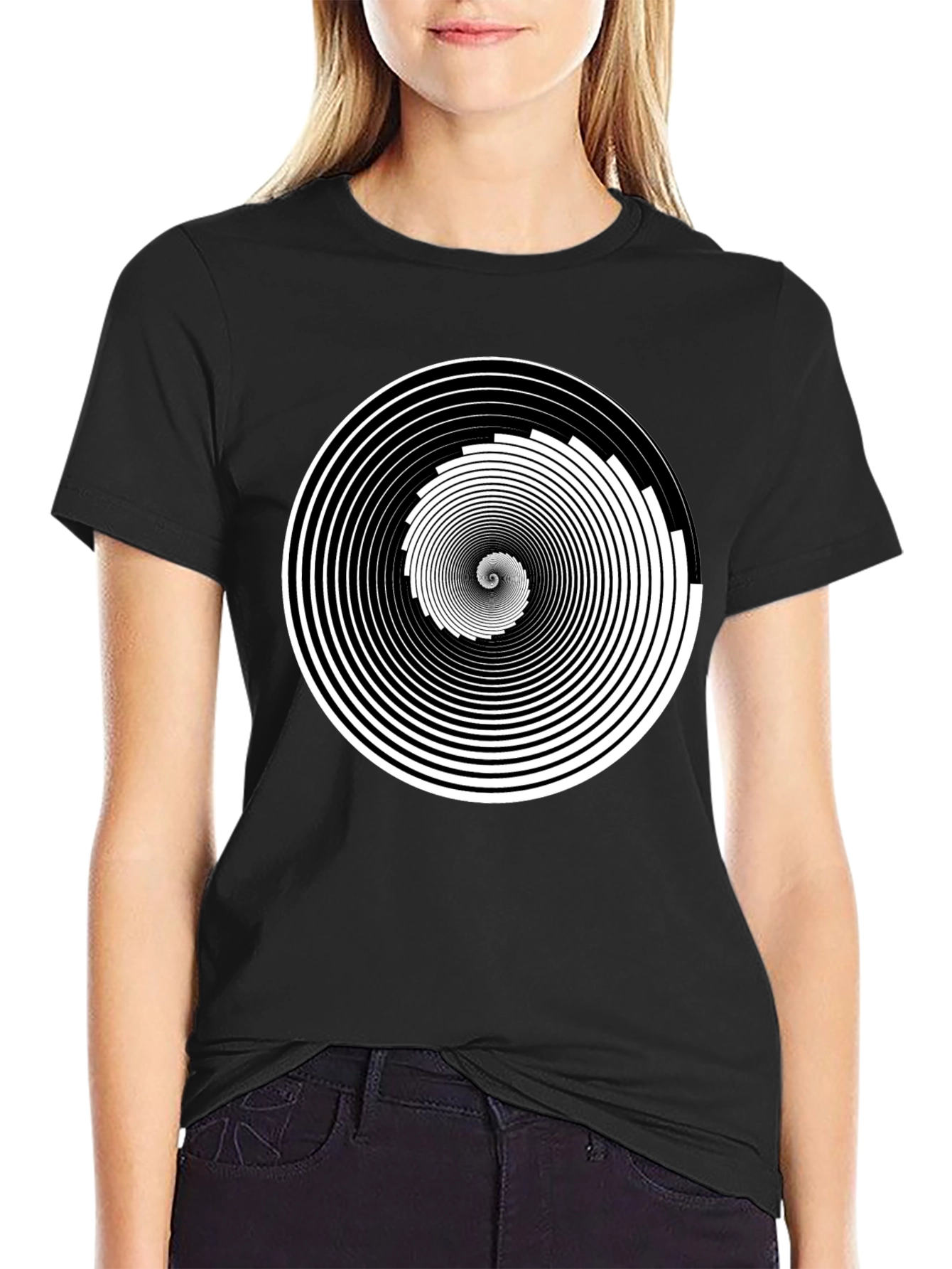 Hypnotic Spiral Graphic Tee - Black Cotton Crew Neck