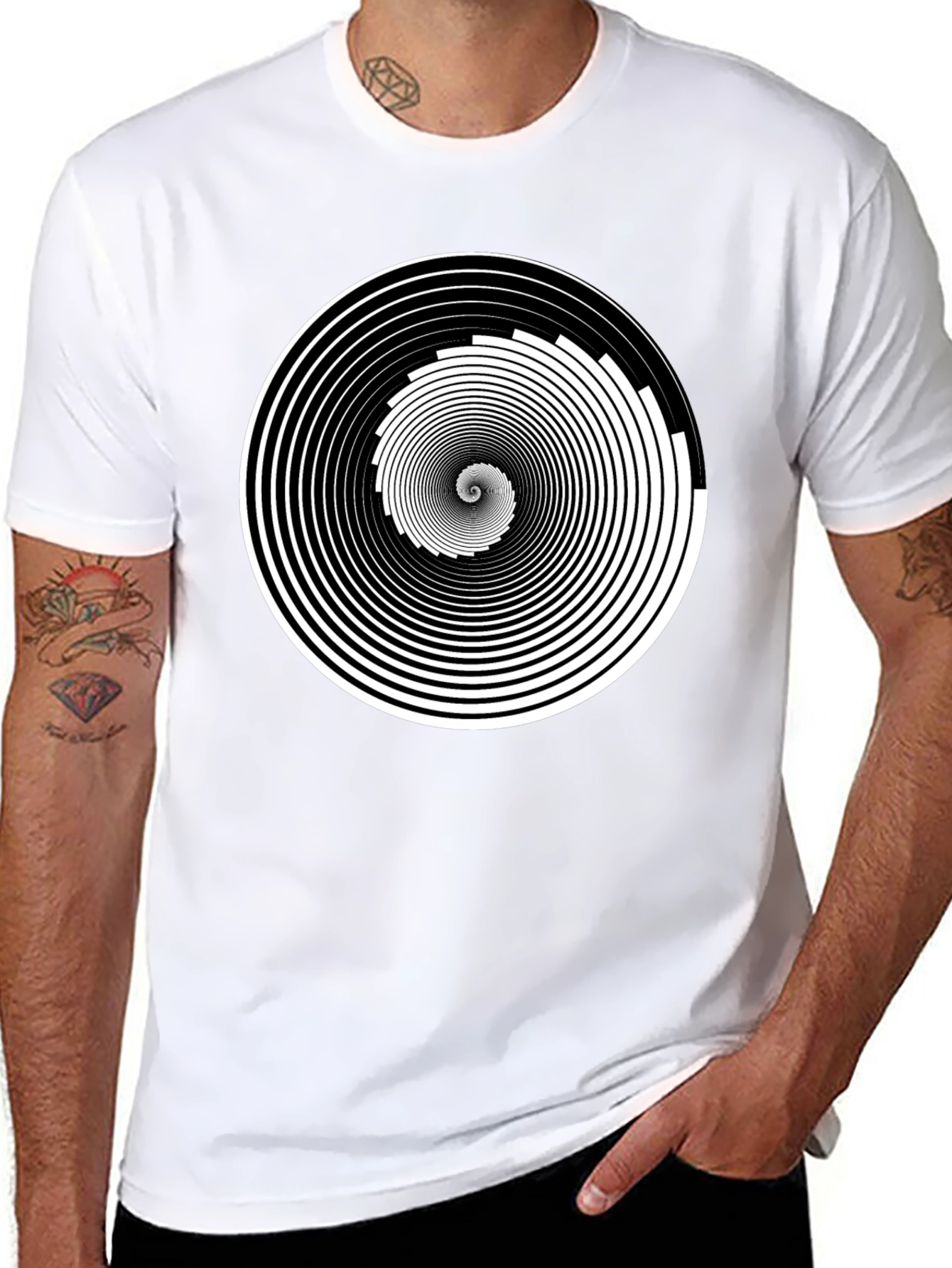 Hypnotic Spiral Graphic Tee - Black Cotton Crew Neck