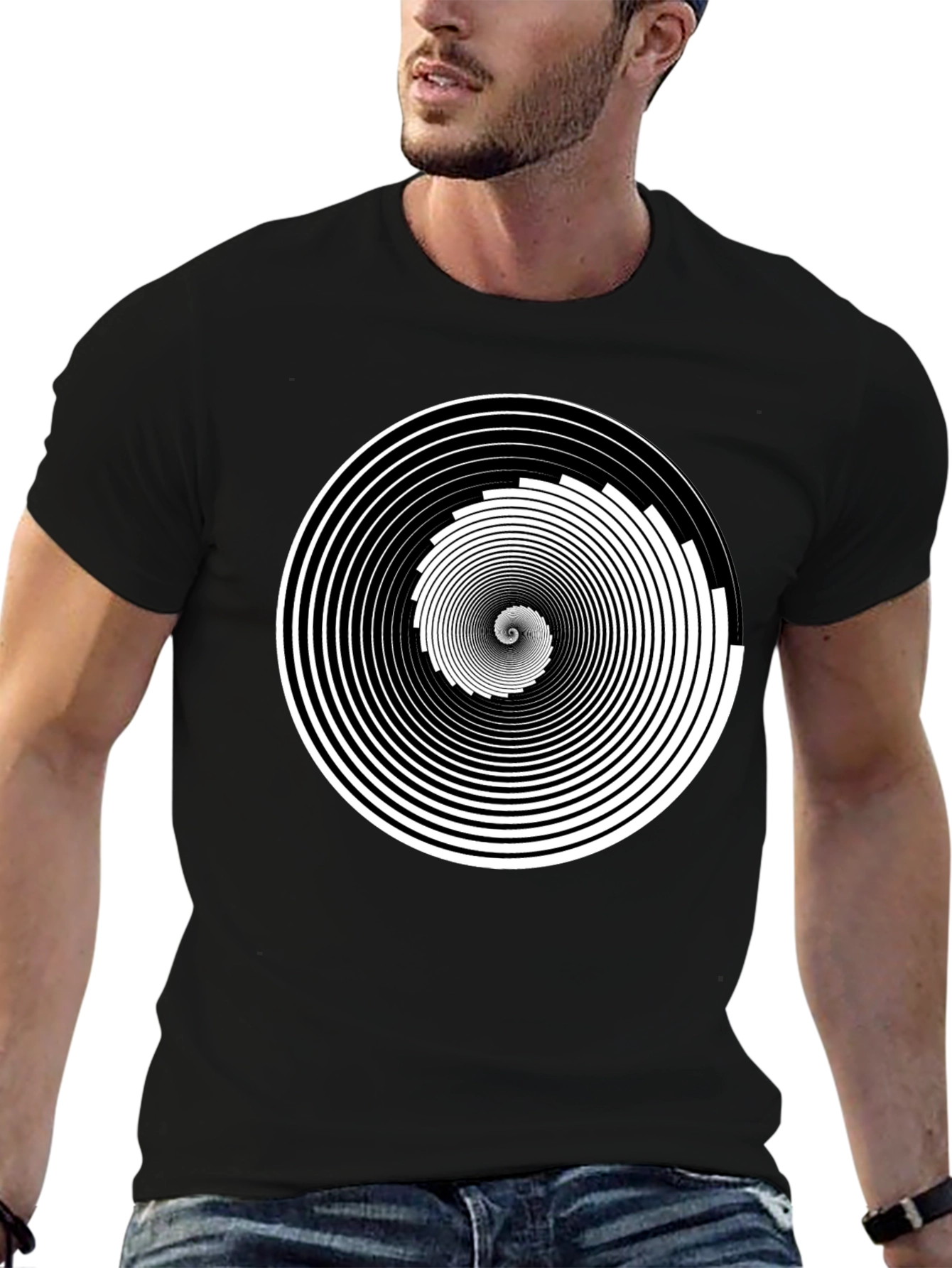 Hypnotic Spiral Graphic Tee - Black Cotton Crew Neck