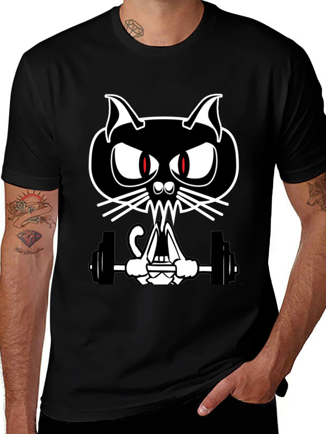 Weightlifting Cat Graphic Tee - Black