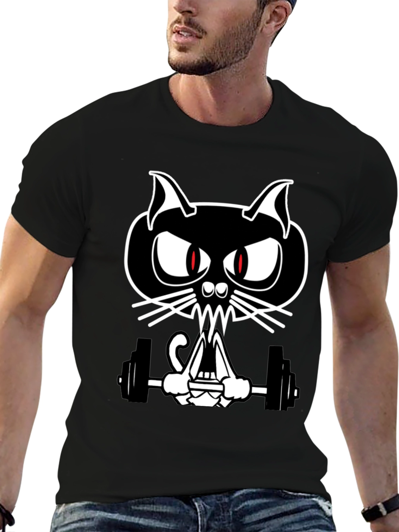 Weightlifting Cat Graphic Tee - Black