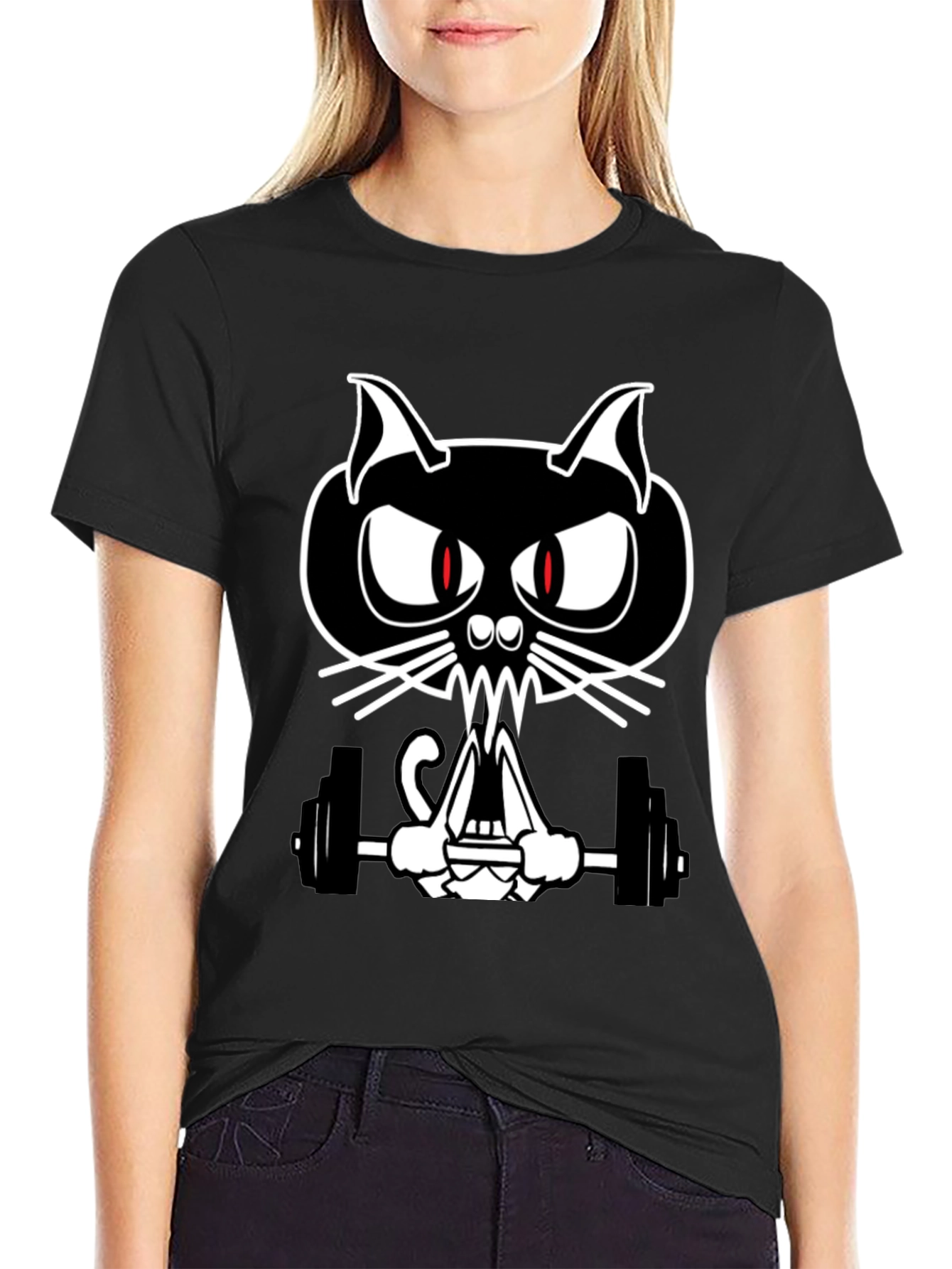 Weightlifting Cat Graphic Tee - Black