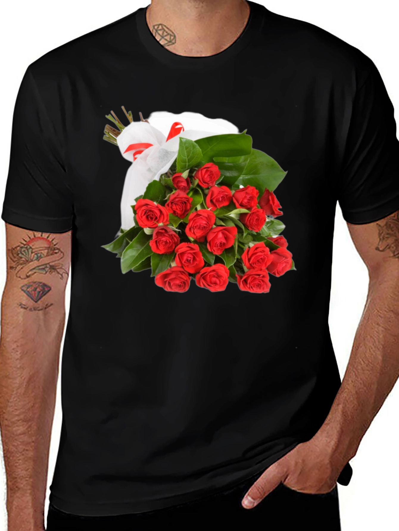 Roses Bouquet T-Shirt - Black Crew Neck Tee