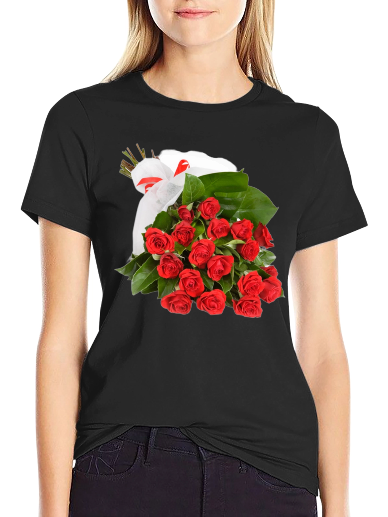 Roses Bouquet T-Shirt - Black Crew Neck Tee